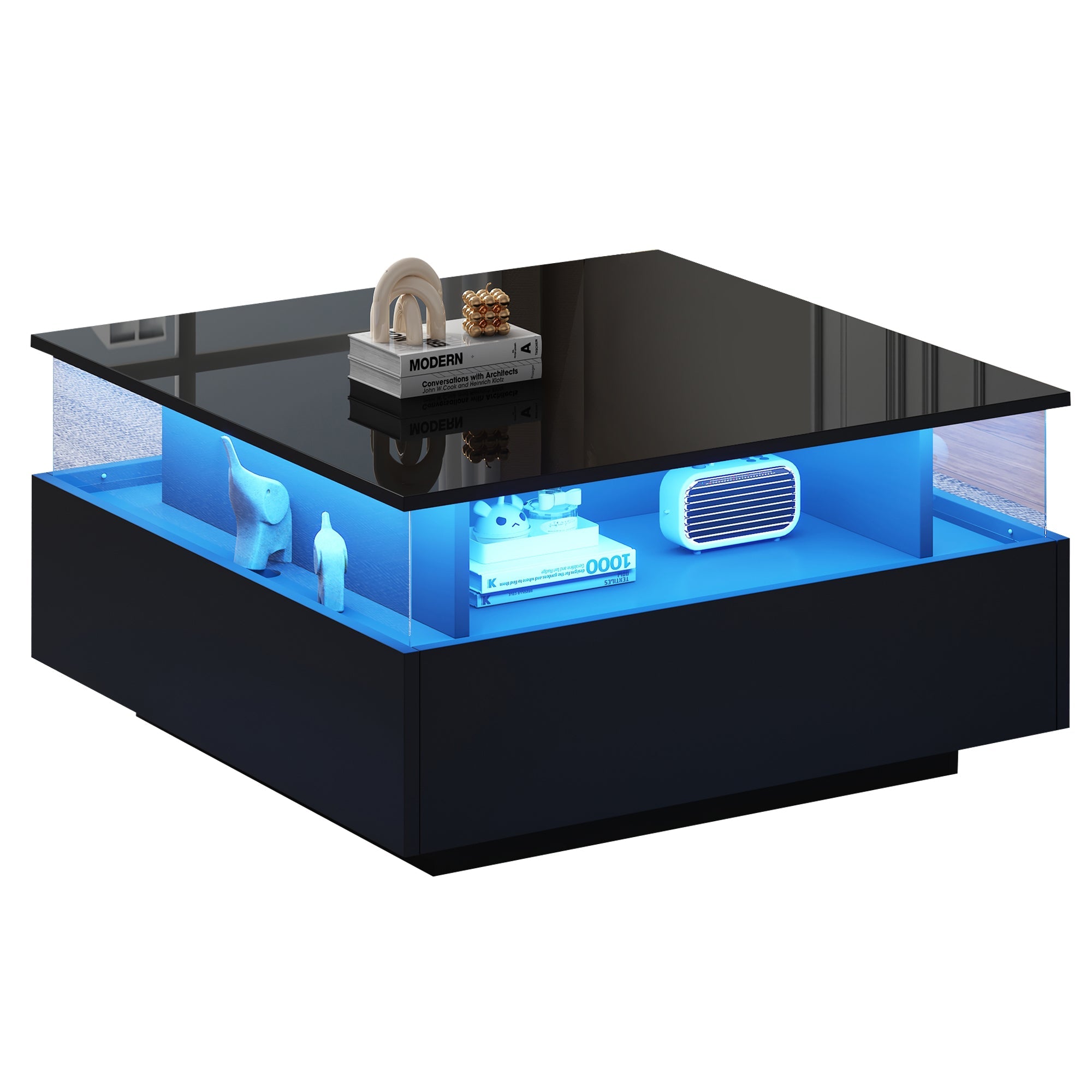 Logidon hoogglans LED salontafel 90x55x45 cm zwart 2 lades