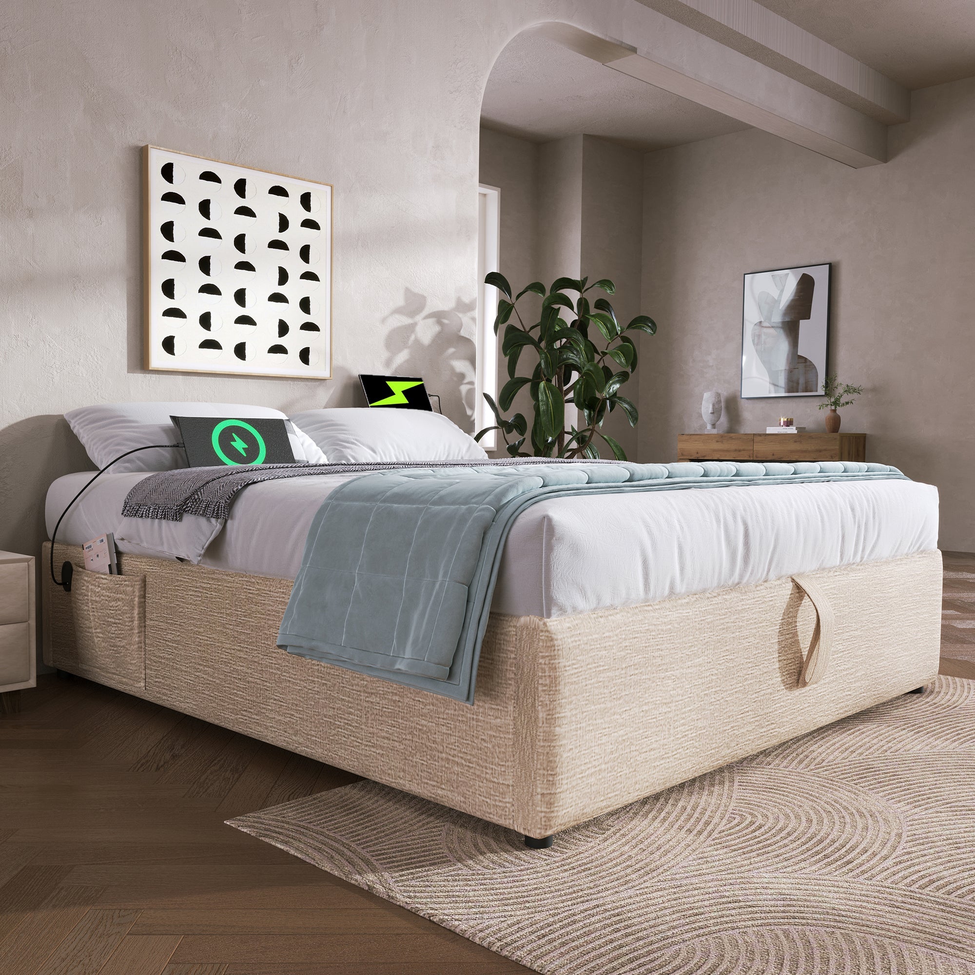 Logidon upholstered bed double bed 160x200 beige USB-C ports and storage space