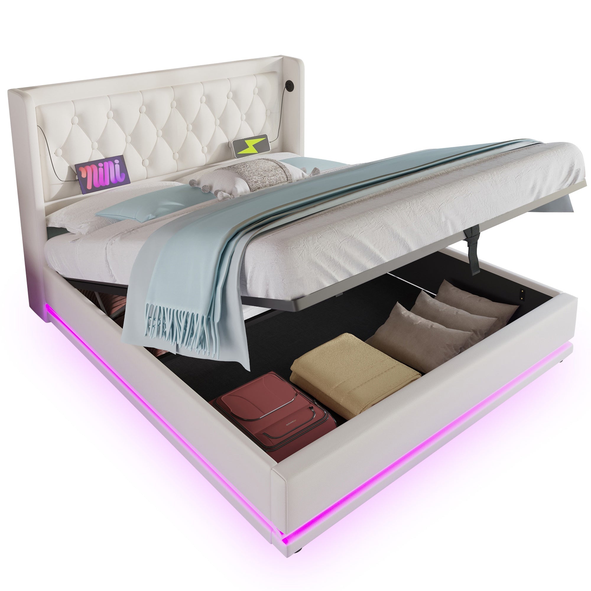 Logidon gestoffeerd bed 160x200 cm wit PU met USB Type C oplaadfunctie