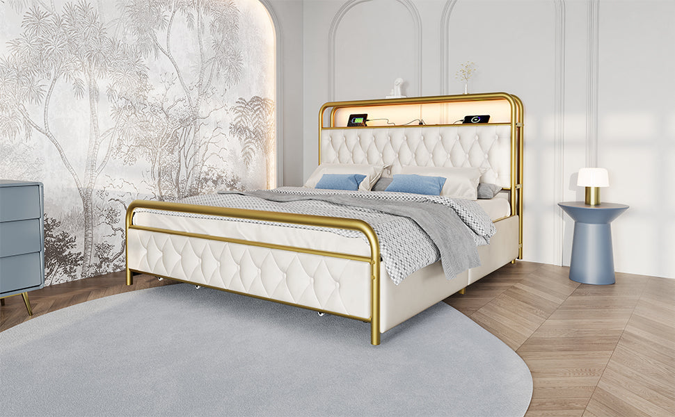 Logidon gestoffeerd bed 140x200 wit fluweel USB Type C oplaadfunctie