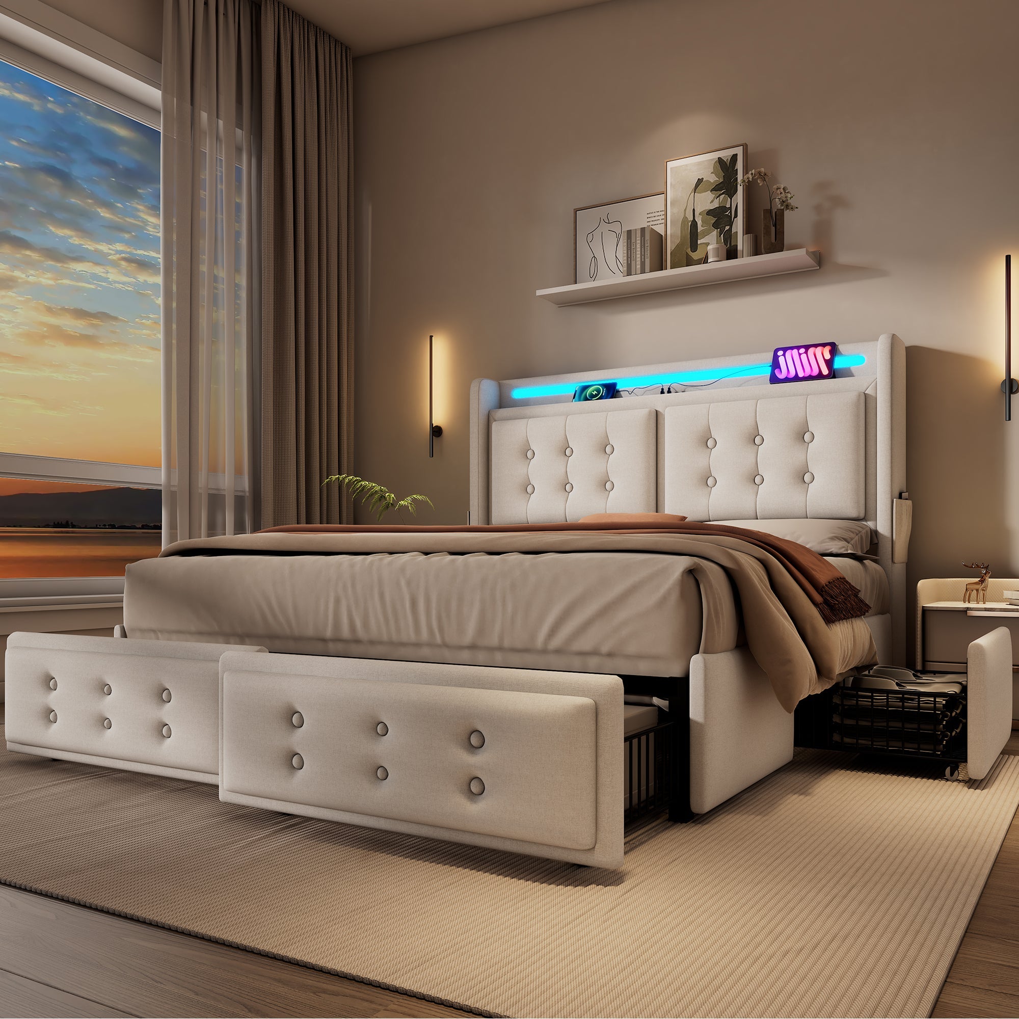 Logidon gestoffeerd bed 160x200 beige LED-hoofdbord USB-C oplaadfunctie