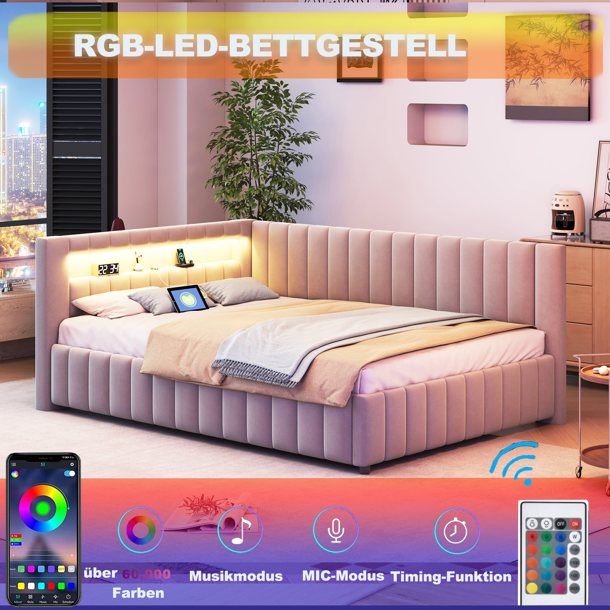 Logidon sofa bed 140x200 gray with LED light and USB charging port