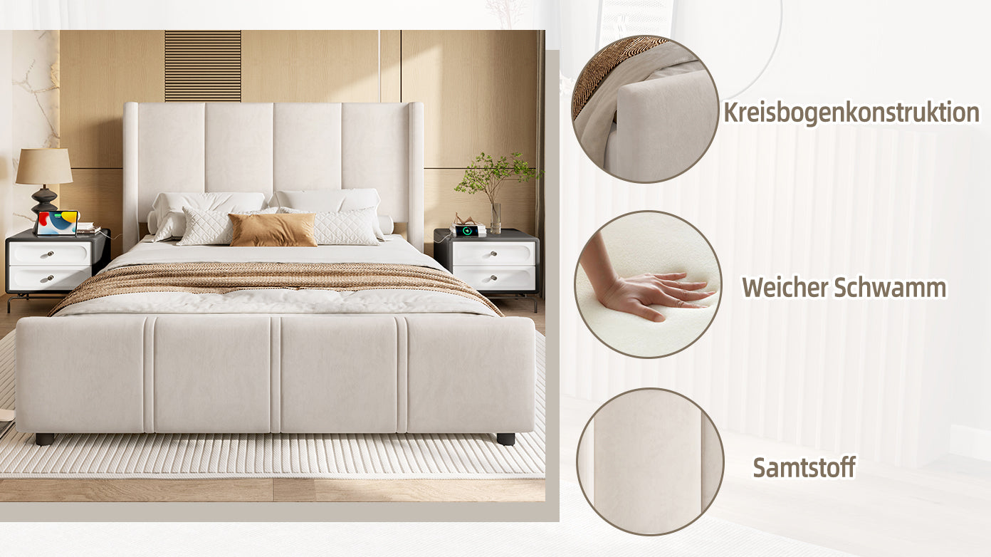 Logidon stoffen bedframe 140x190 beige velours USB-aansluiting