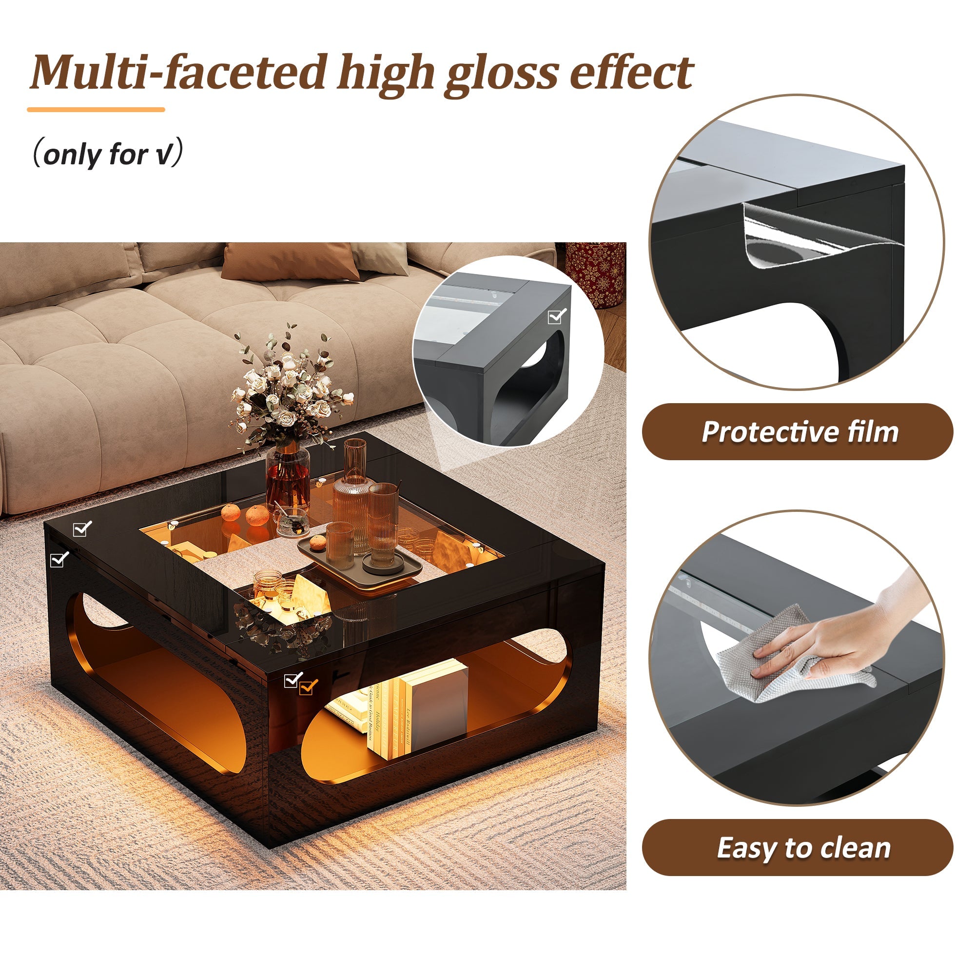 Logidon LED salontafel 70x70 cm vierkant zwart MDF glasblad