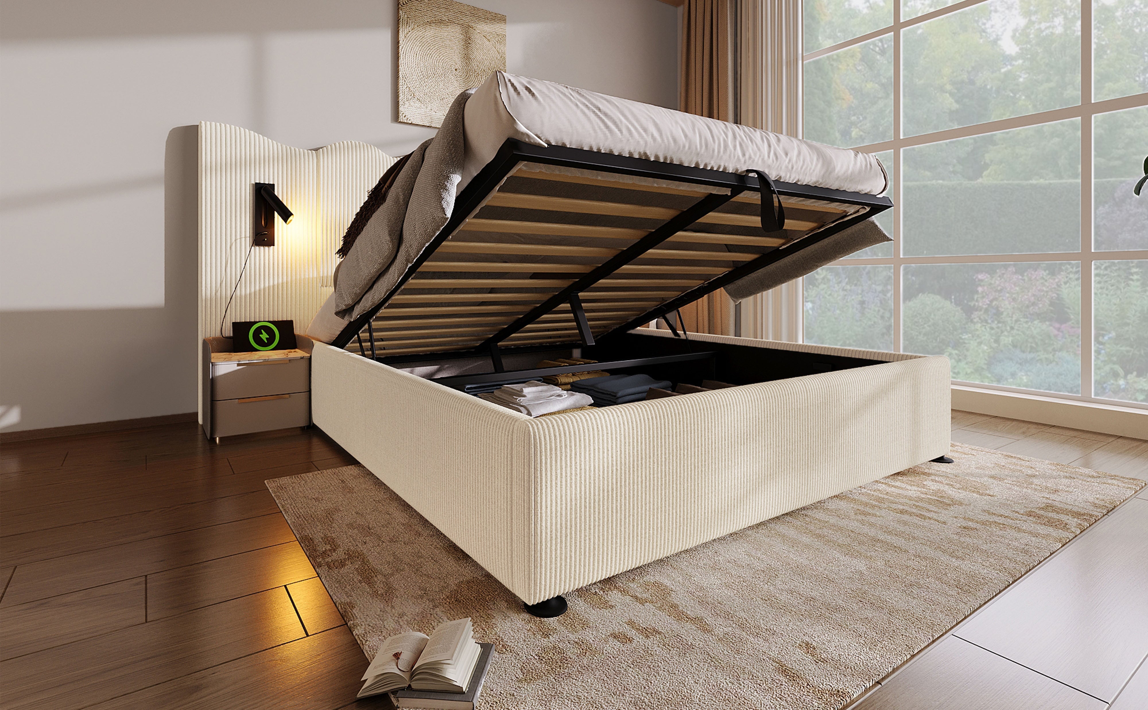 Logidon gestoffeerd bed beige-wit 160x200 met leeslamp USB-C oplaadfunctie