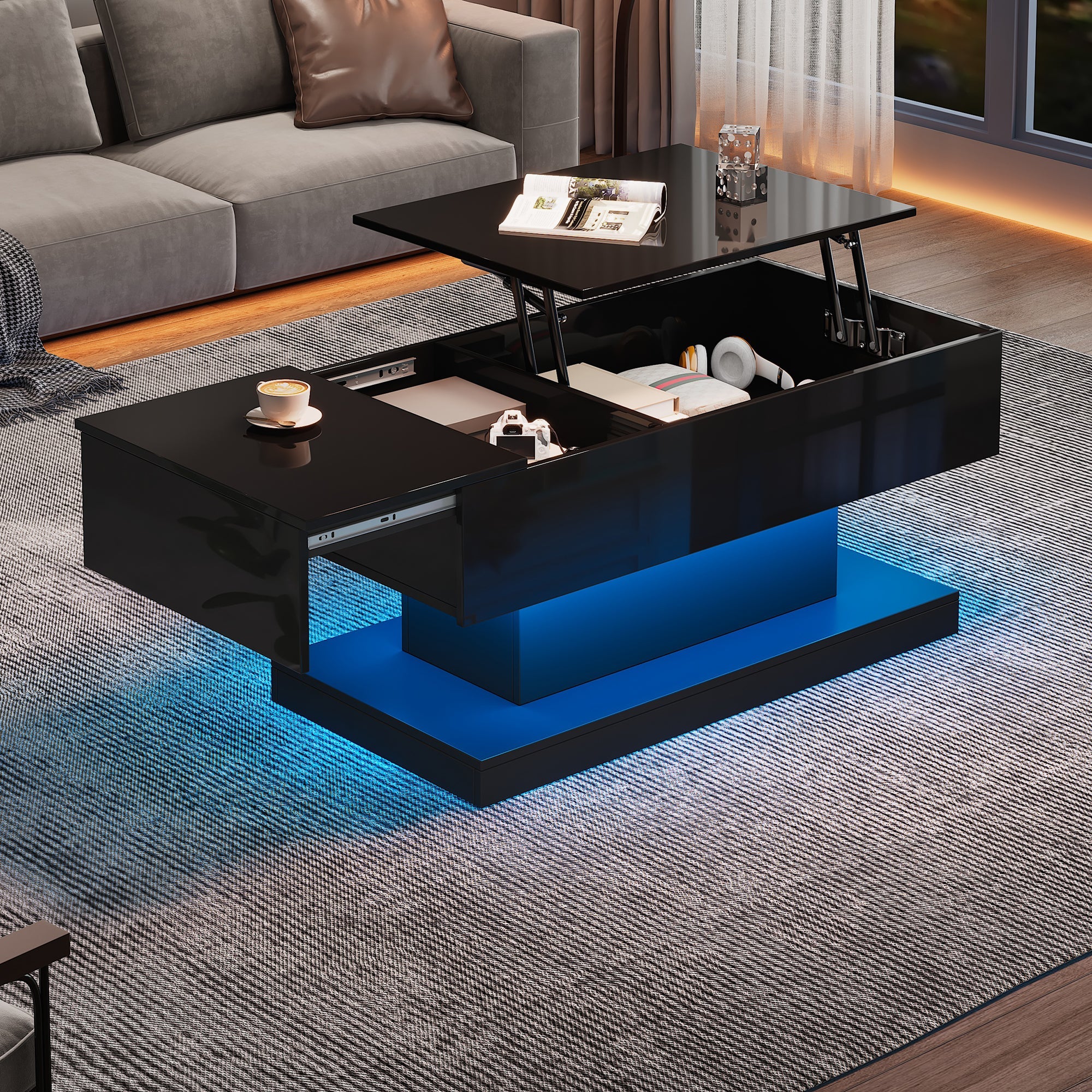 Logidon hoogglans liftsalontafel zwart 100x50x45 cm LED-verlichting