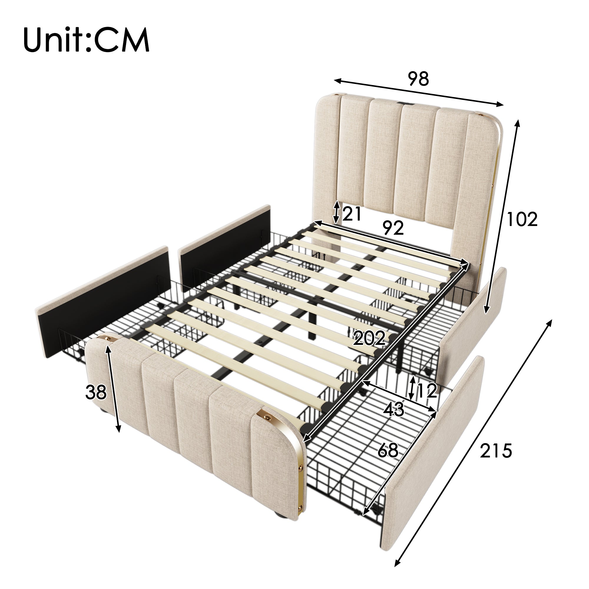 Logidon gestoffeerd bed 90x200 beige USB Type C oplaadfunctie 4 lades