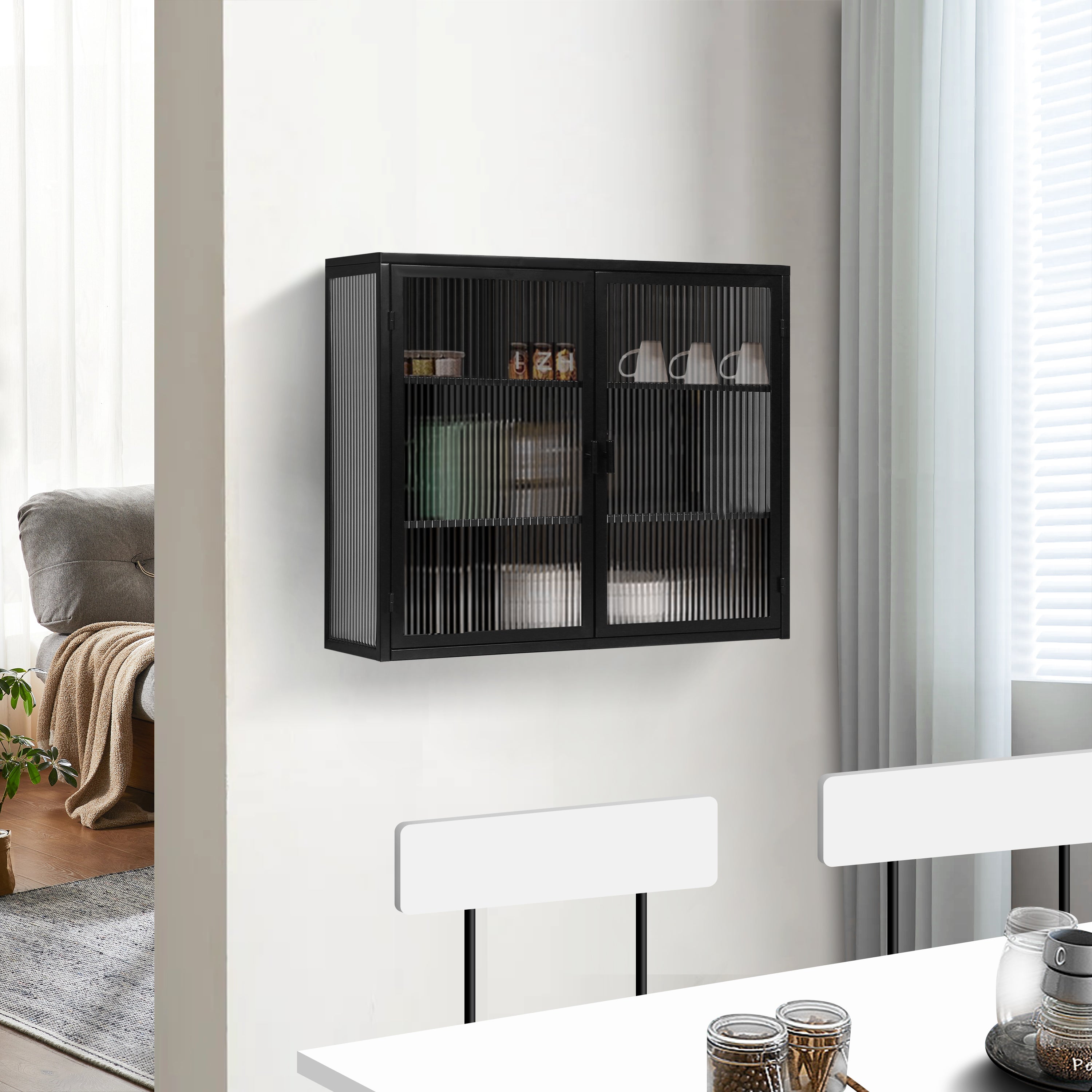Logidon 70 cm glazen wandkast zwart 2-deurs met drie niveaus