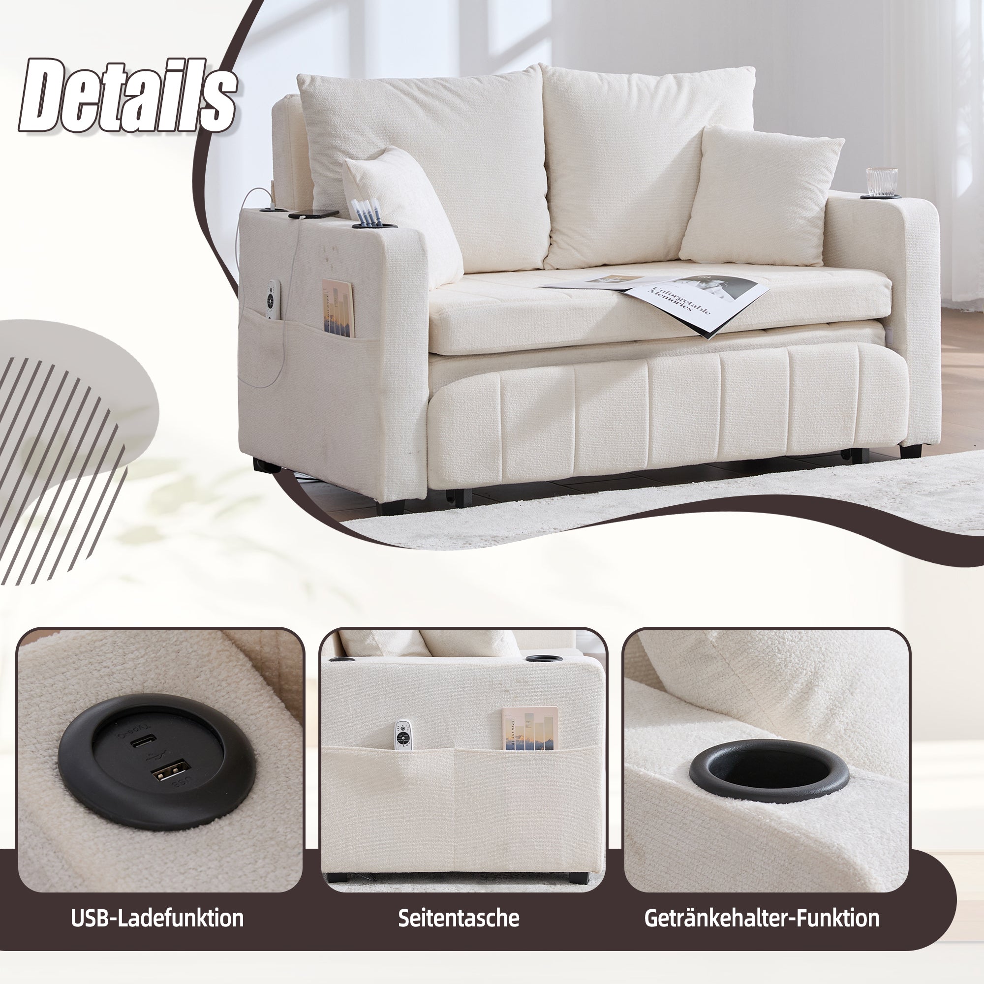Logidon Beige Fluweel Multifunctionele Stoffen Bank Uitschuifbaar USB