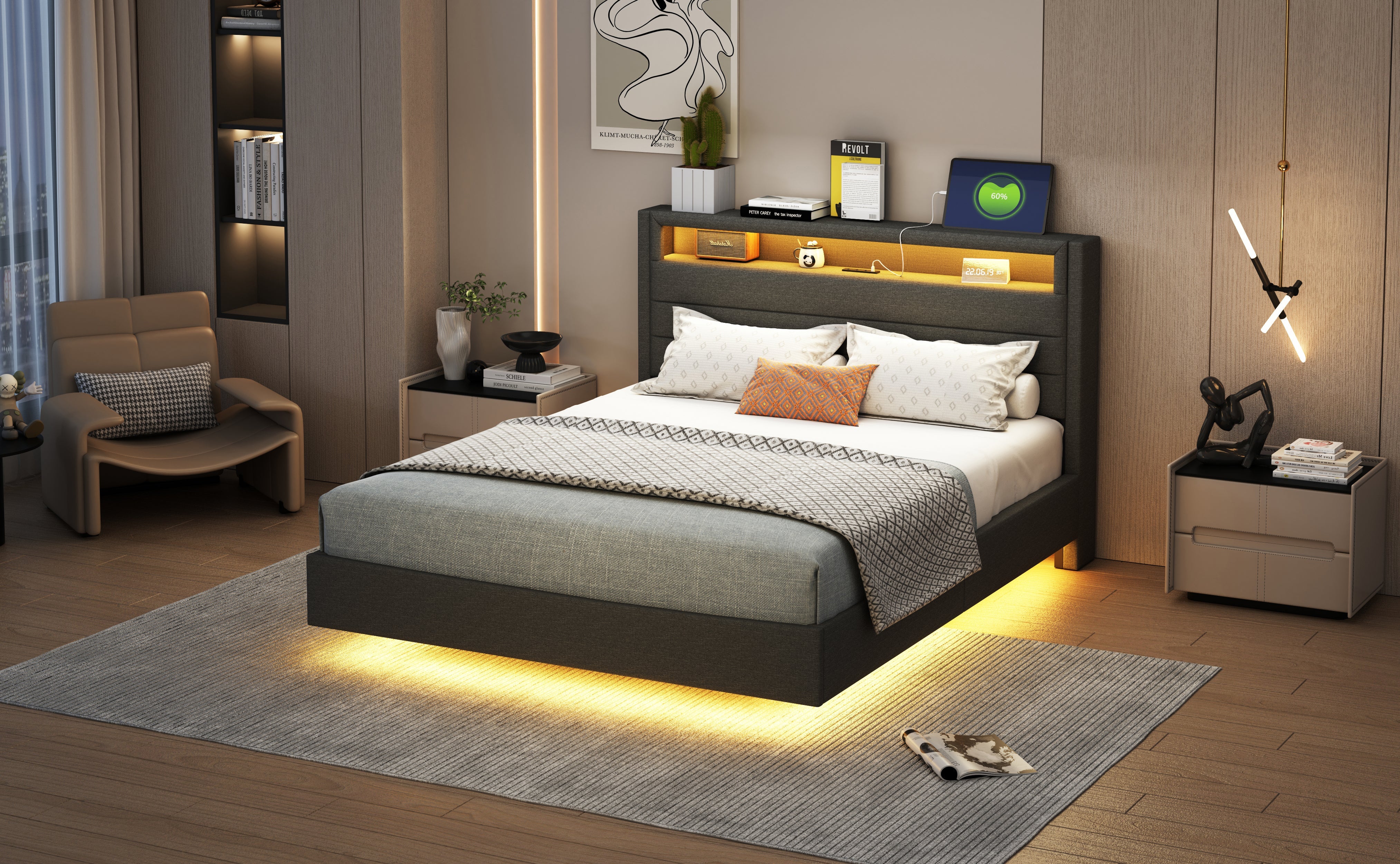 Logidon bed 140x200 cm grijs USB-aansluiting LED omkeerbaar hoofdeinde