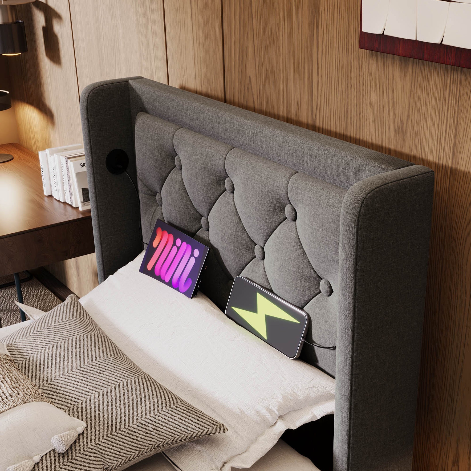 Logidon gestoffeerd bed 90x200 cm grijs met opbergruimte USB C oplaadfunctie LED
