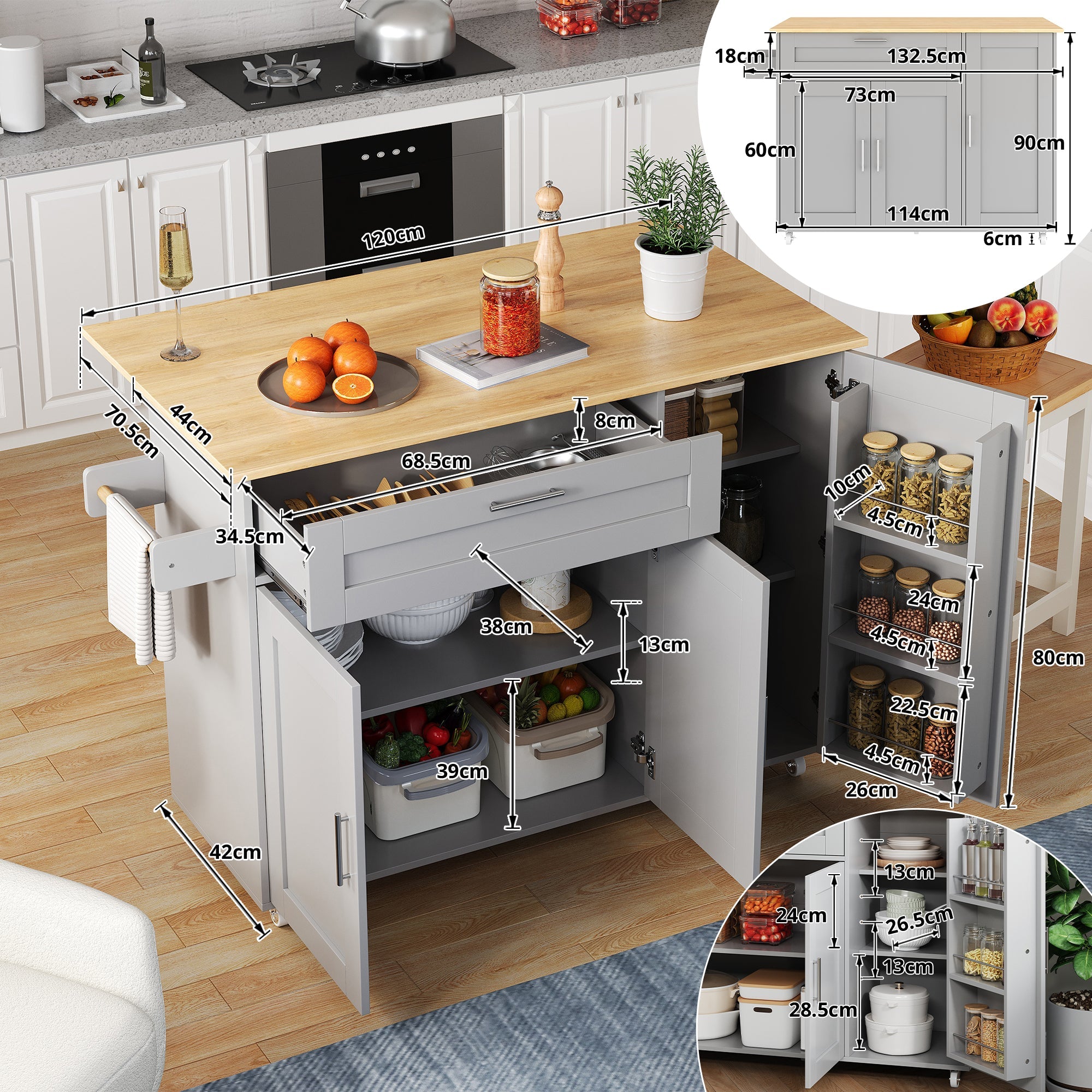 Logidon mobile kitchen table with folding top oak grain