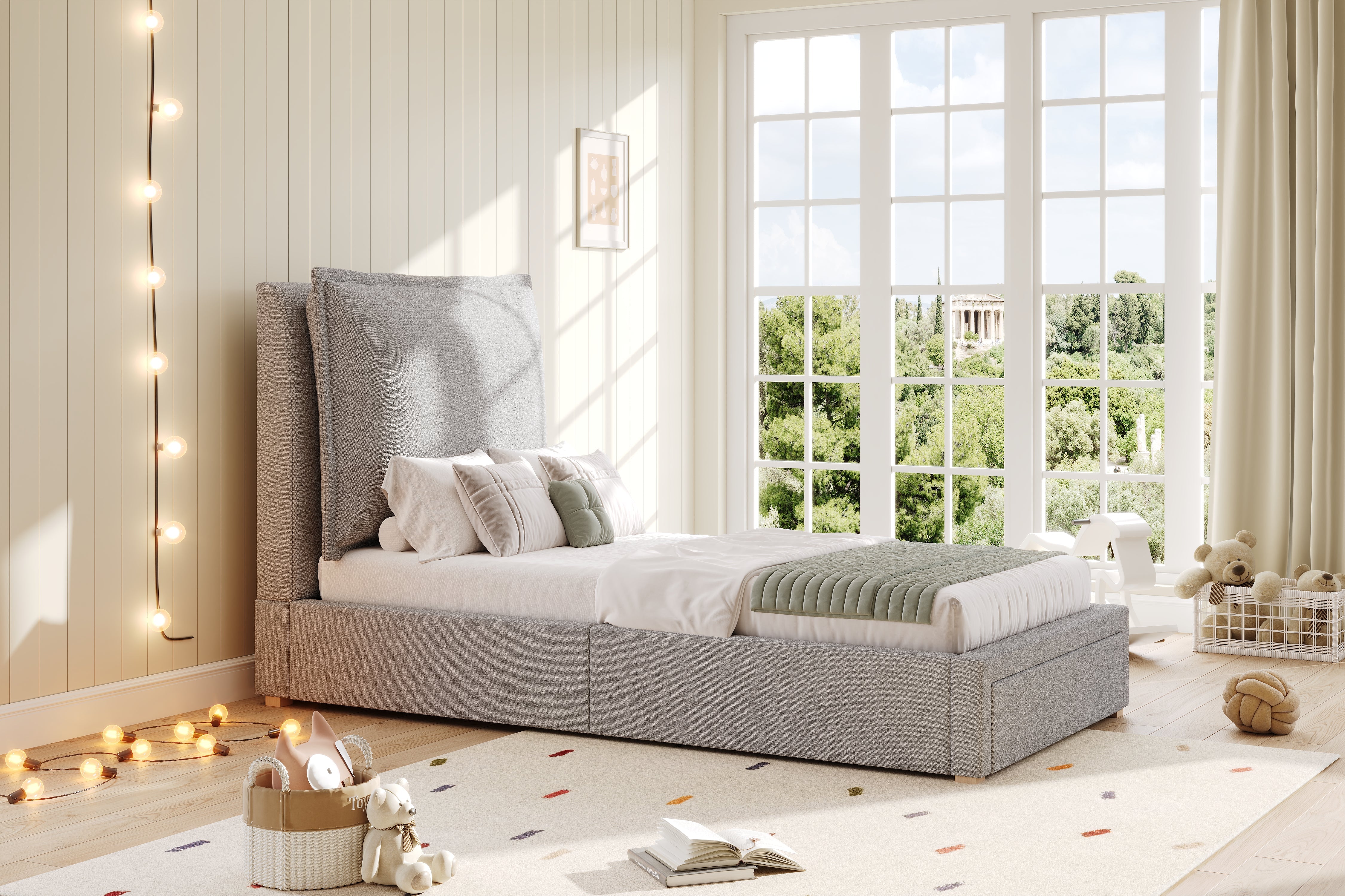 Logidon gestoffeerd bed 90x200 cm functioneel bed grote lade grijze chenille