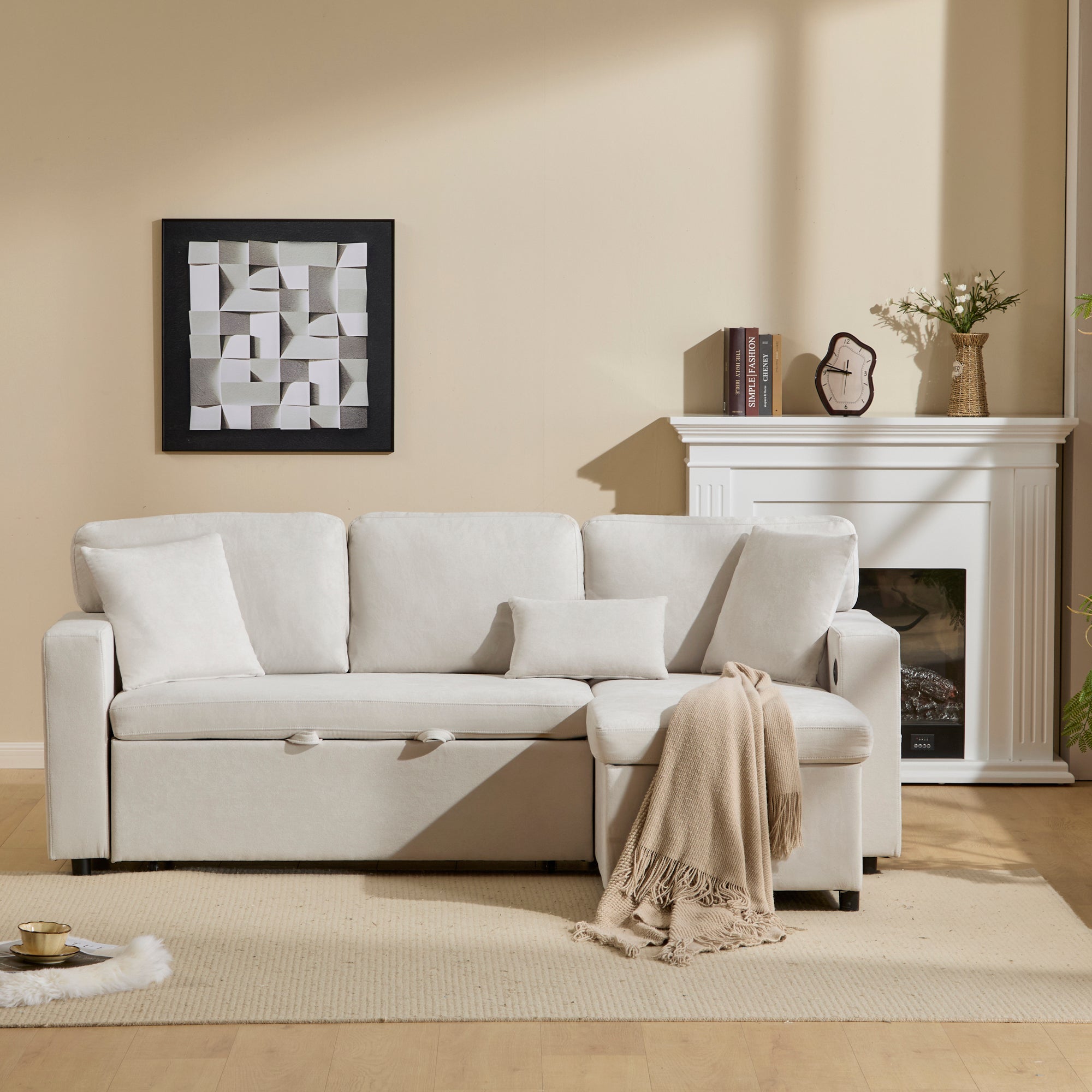 Logidon corner sofa bed L-shape extendable beige with bed box shelf