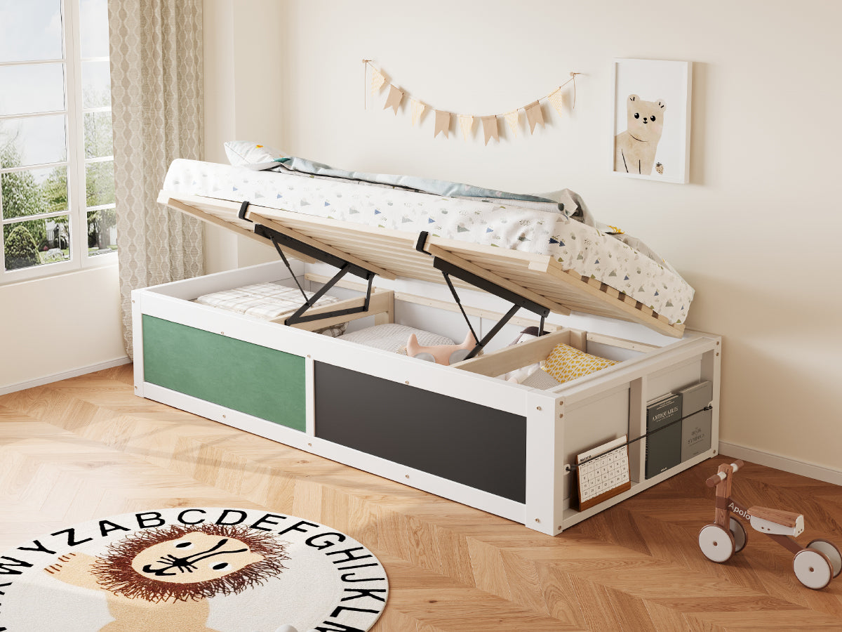 Logidon Houten Bed 90x200 cm met Hydraulisch Opbergvak Schrijfbord Wit