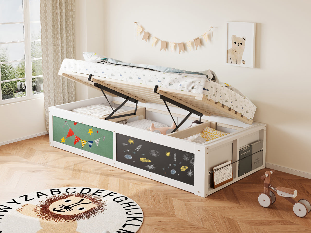 Logidon Houten Bed 90x200 cm met Hydraulisch Opbergvak Schrijfbord Wit