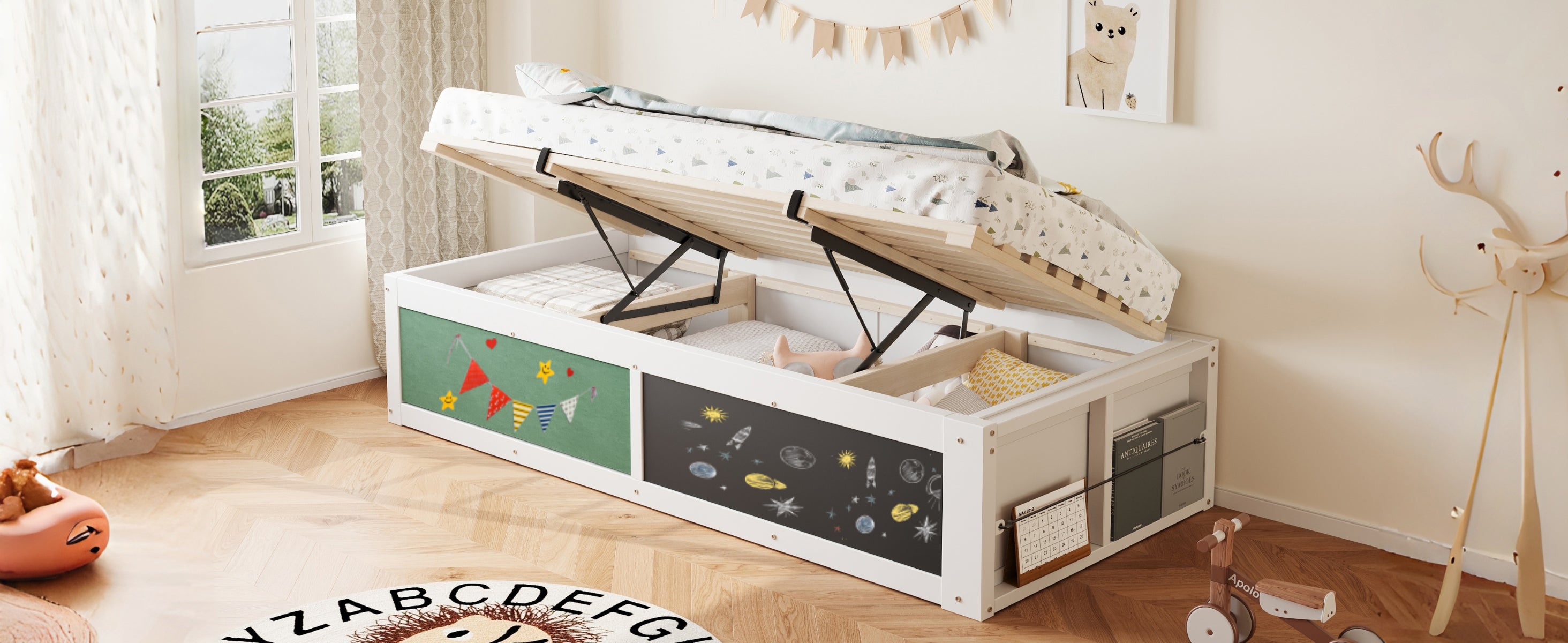 Logidon Houten Bed 90x200 cm met Hydraulisch Opbergvak Schrijfbord Wit