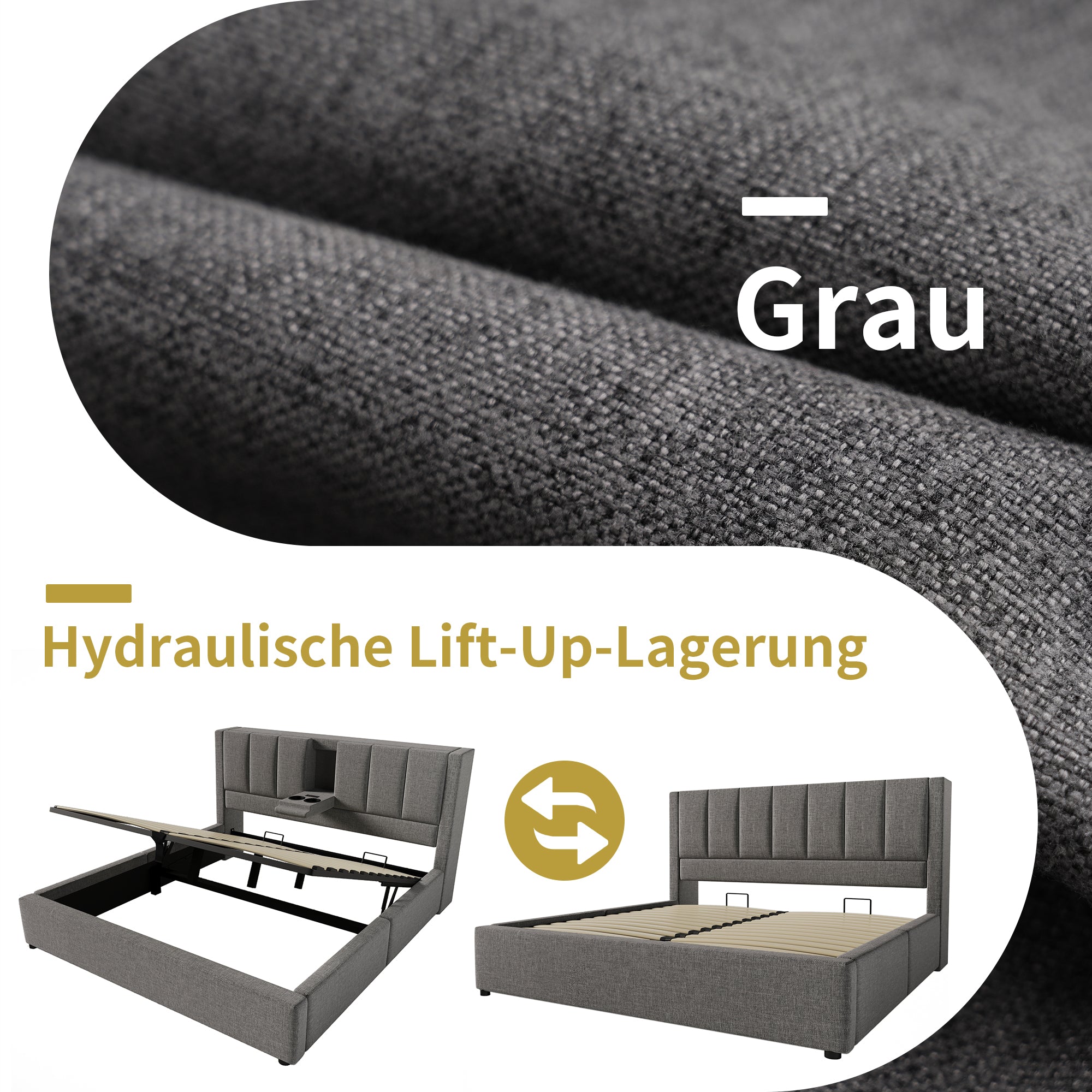 Logidon gestoffeerd bed 140x190 cm met bekerhouder en USB-oplader grijs