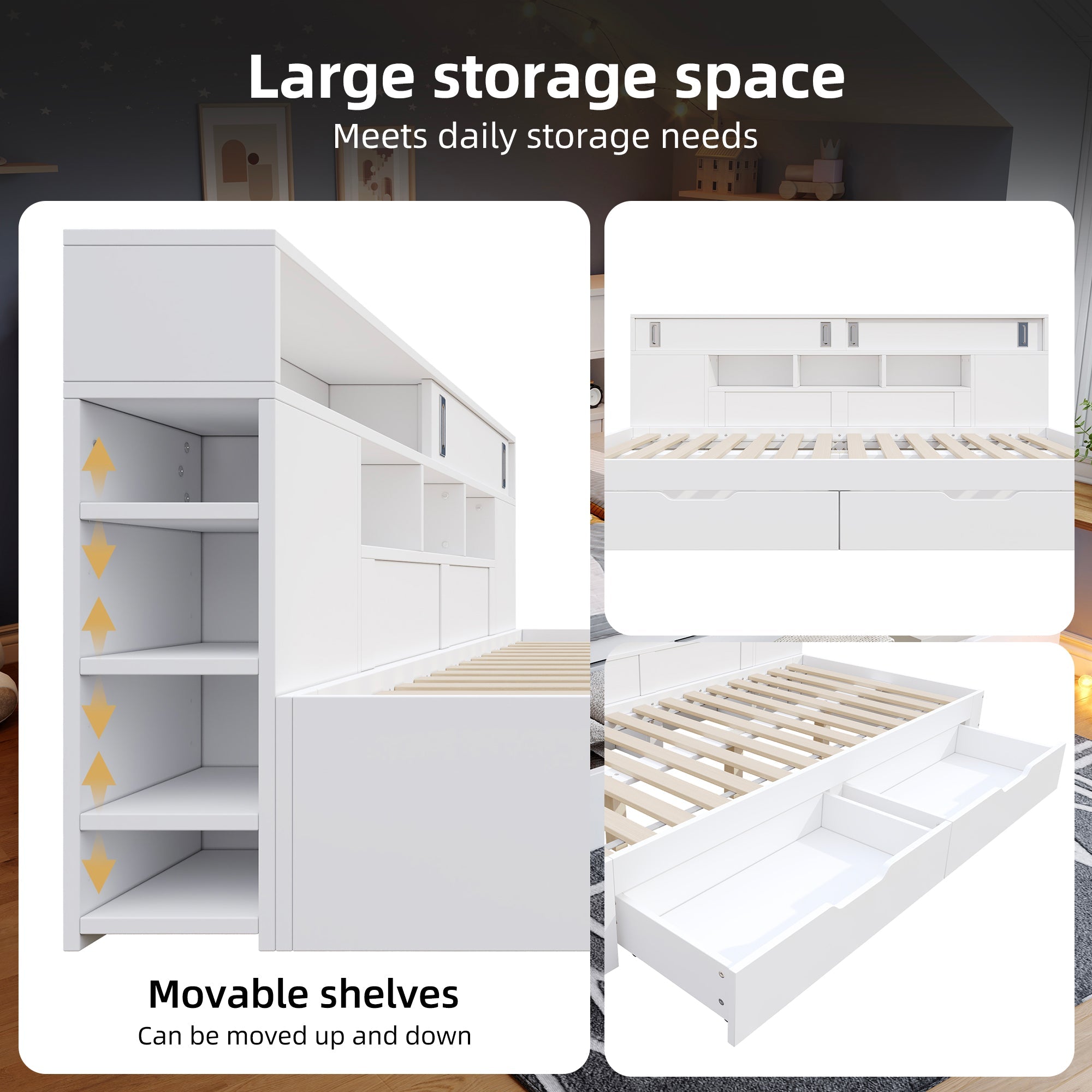 Logidon kinderbed 135x190 cm met opbergruimte, planken en kast wit