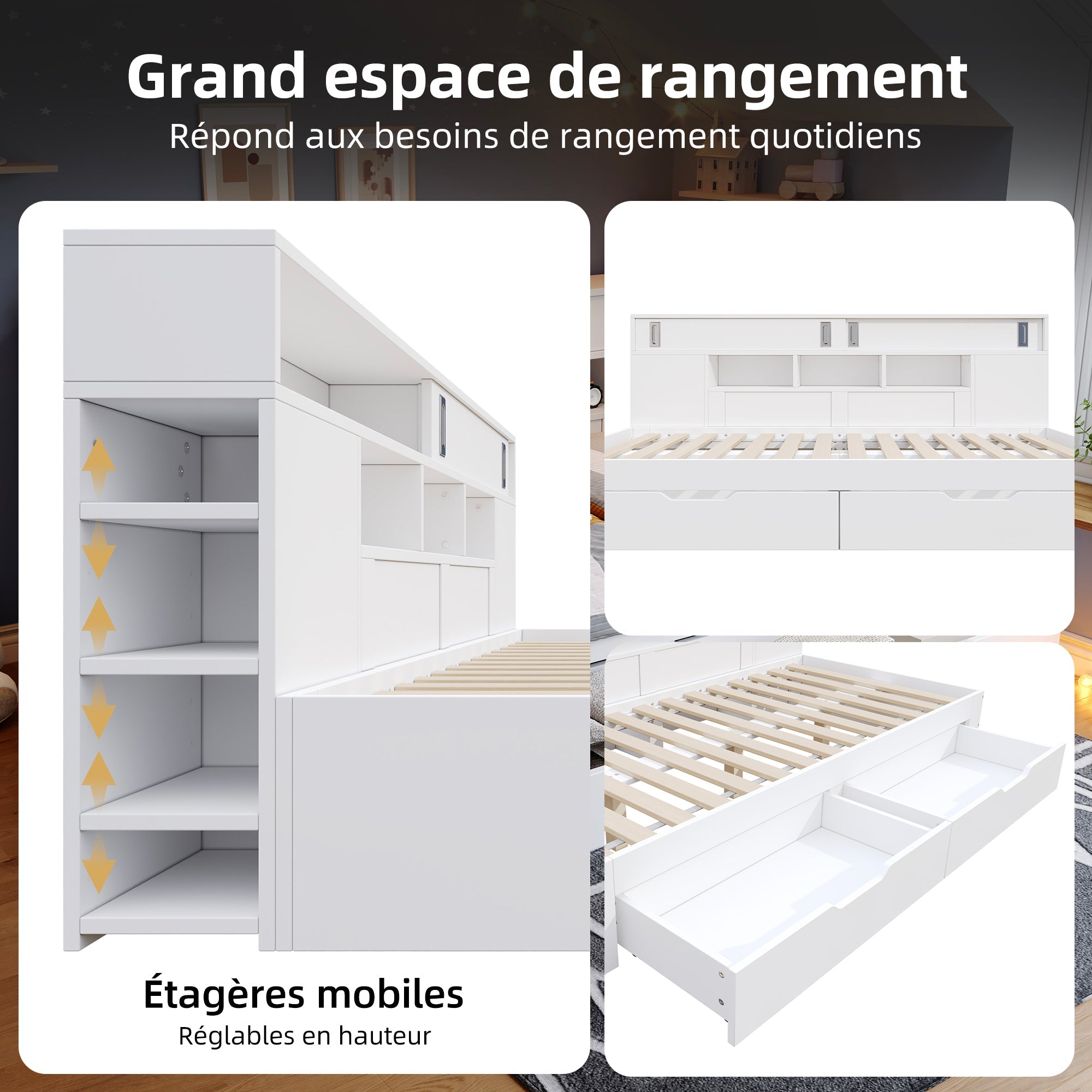 Logidon kinderbed 135x190 cm met opbergruimte, planken en kast wit