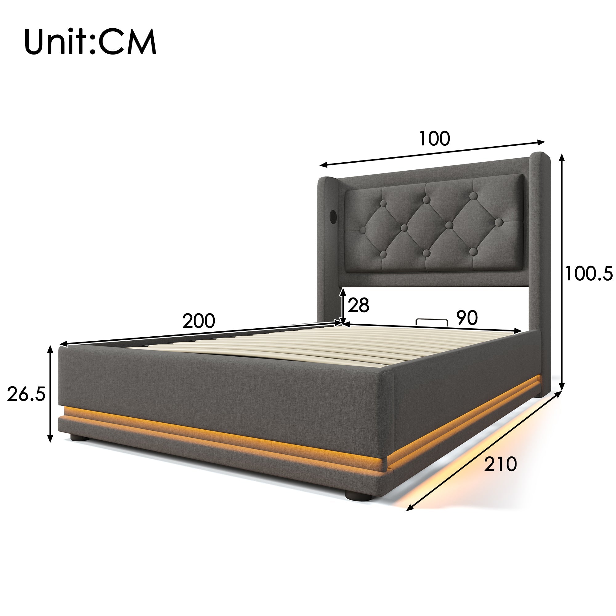 Logidon gestoffeerd bed 90x200 cm grijs met opbergruimte USB C oplaadfunctie LED