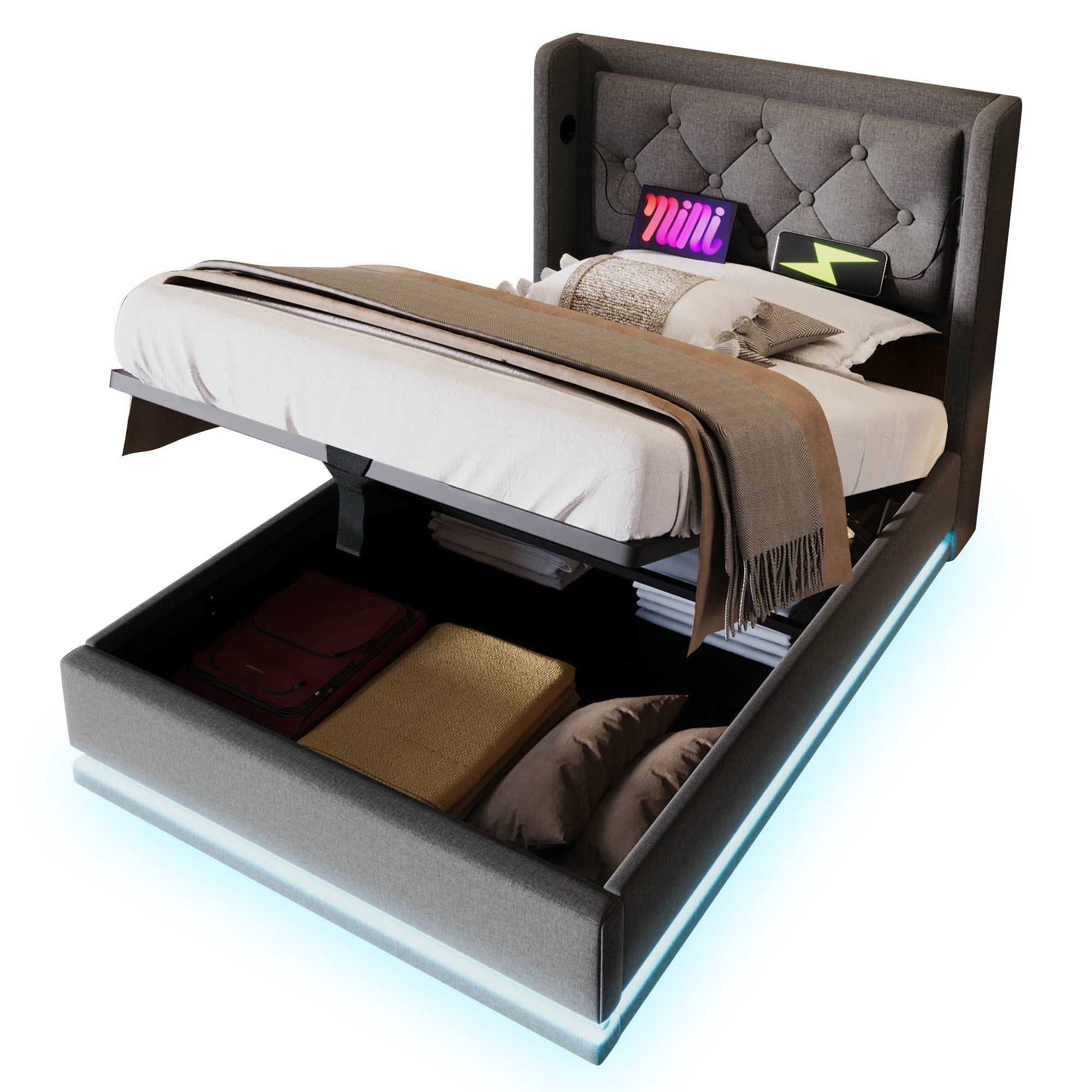 Logidon gestoffeerd bed 90x200 cm grijs met opbergruimte USB C oplaadfunctie LED