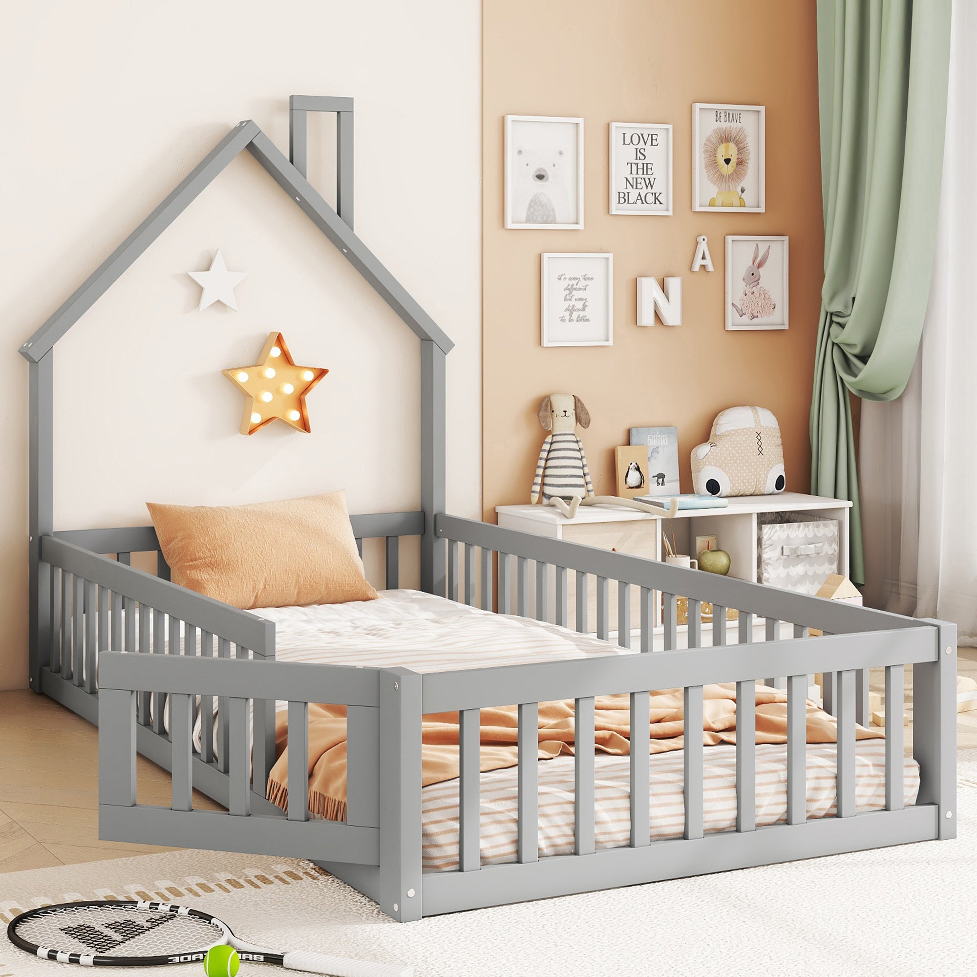 Logidon upholstered bed 90x200 chimney shape gray pine wood