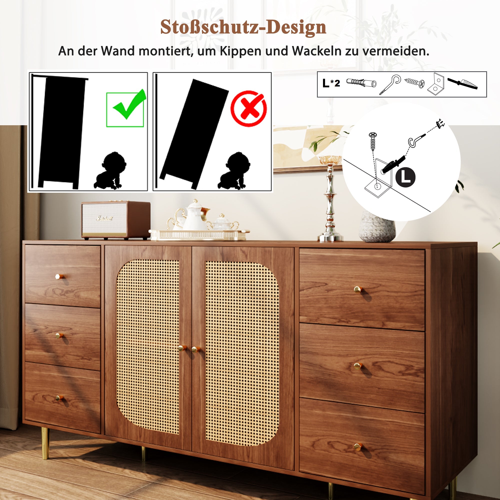 Logidon Rotan Dressoir Bruin 160x40x90 cm met Lade