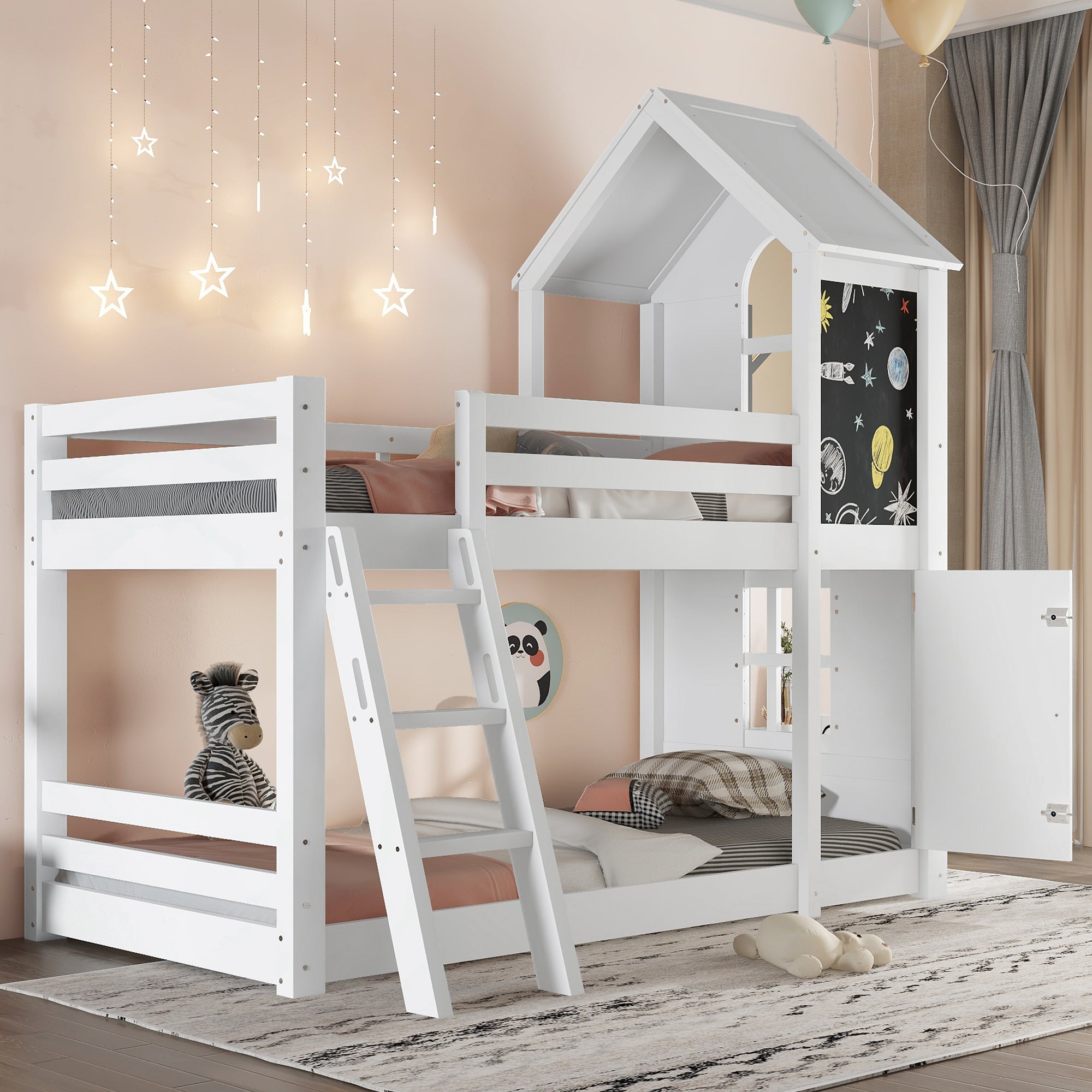 Logidon stapelbed wit 90x200 met deurpaneeldak en ladder
