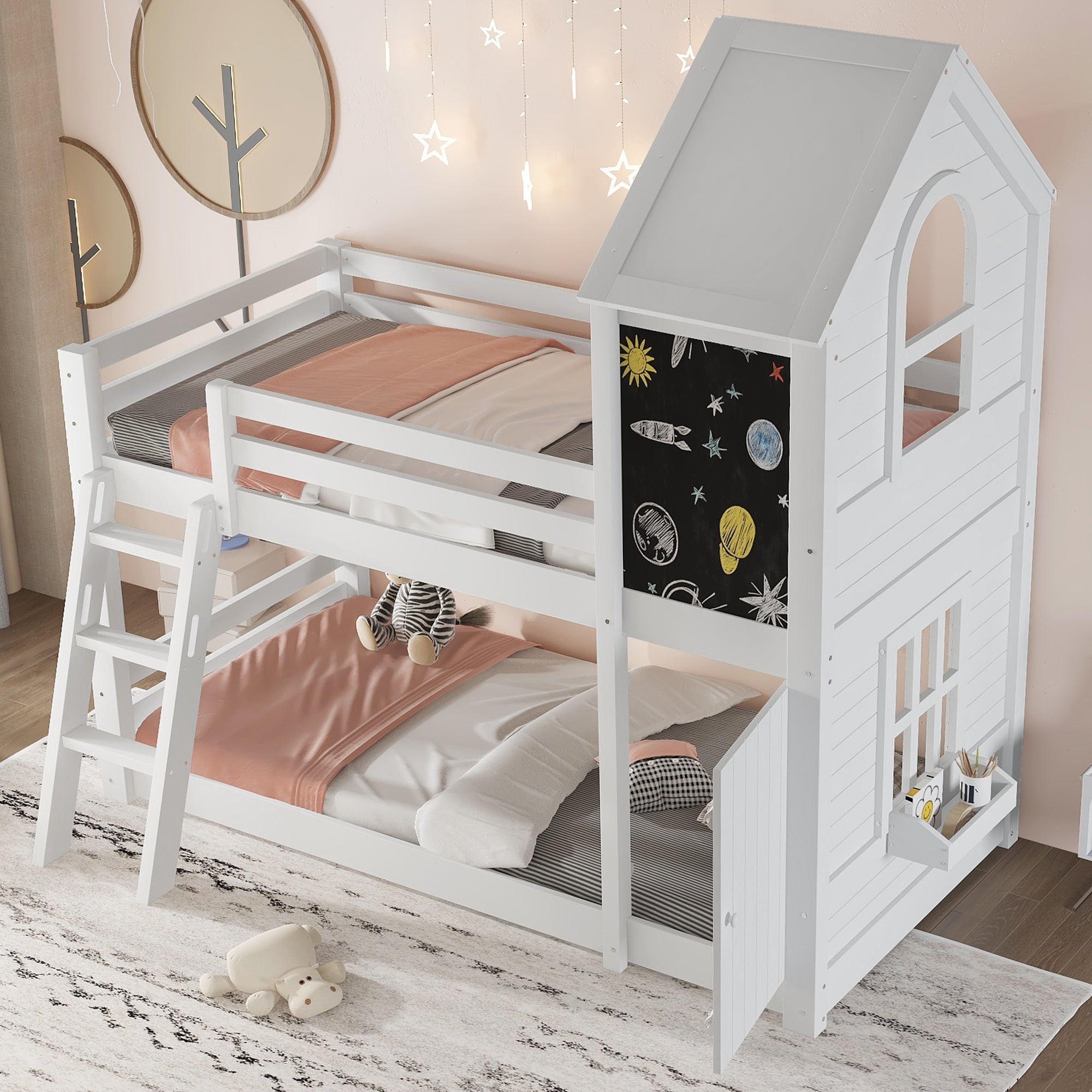 Logidon stapelbed wit 90x200 met deurpaneeldak en ladder