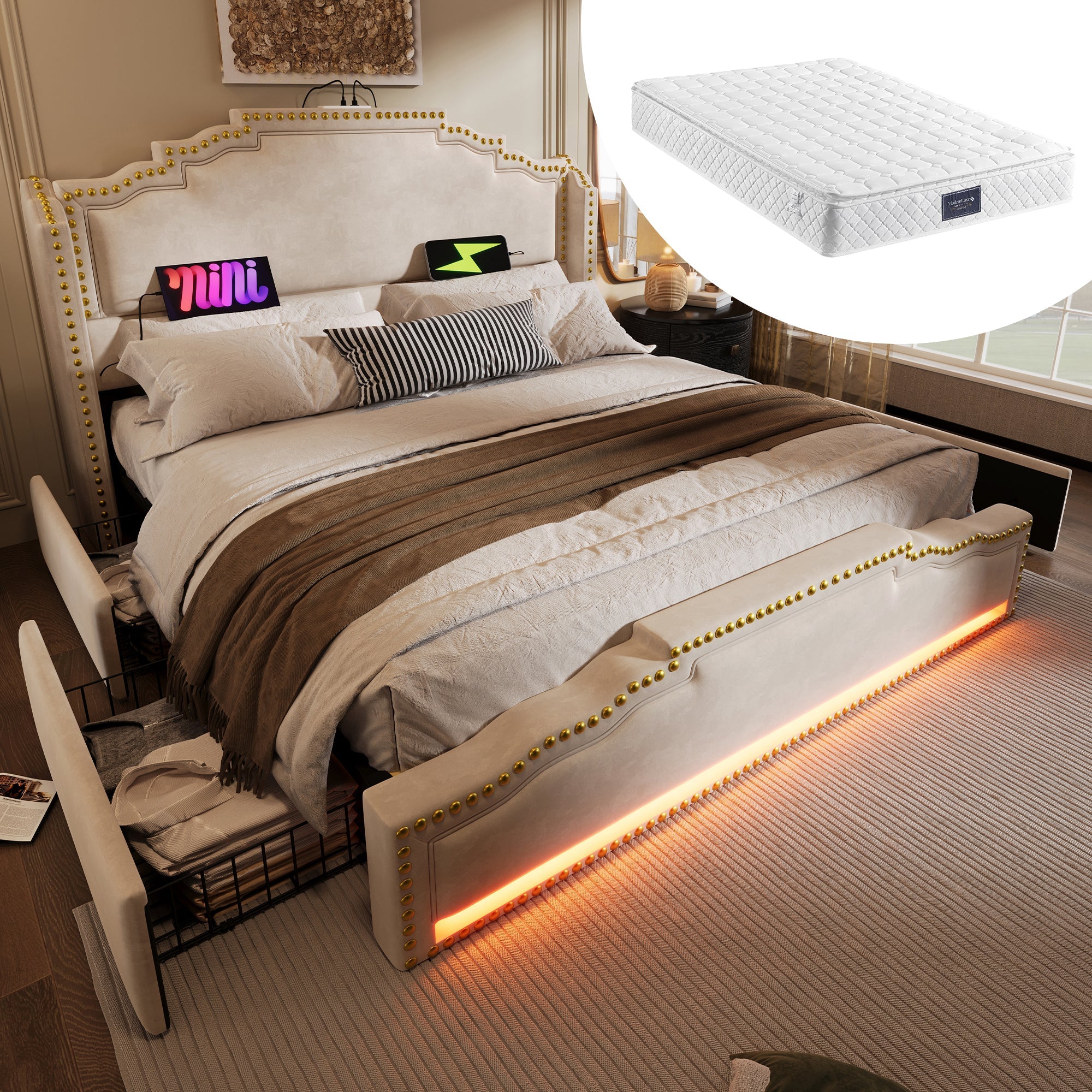Logidon gestoffeerd bed 160x200 beige fluweel met 4 lades LED USB C