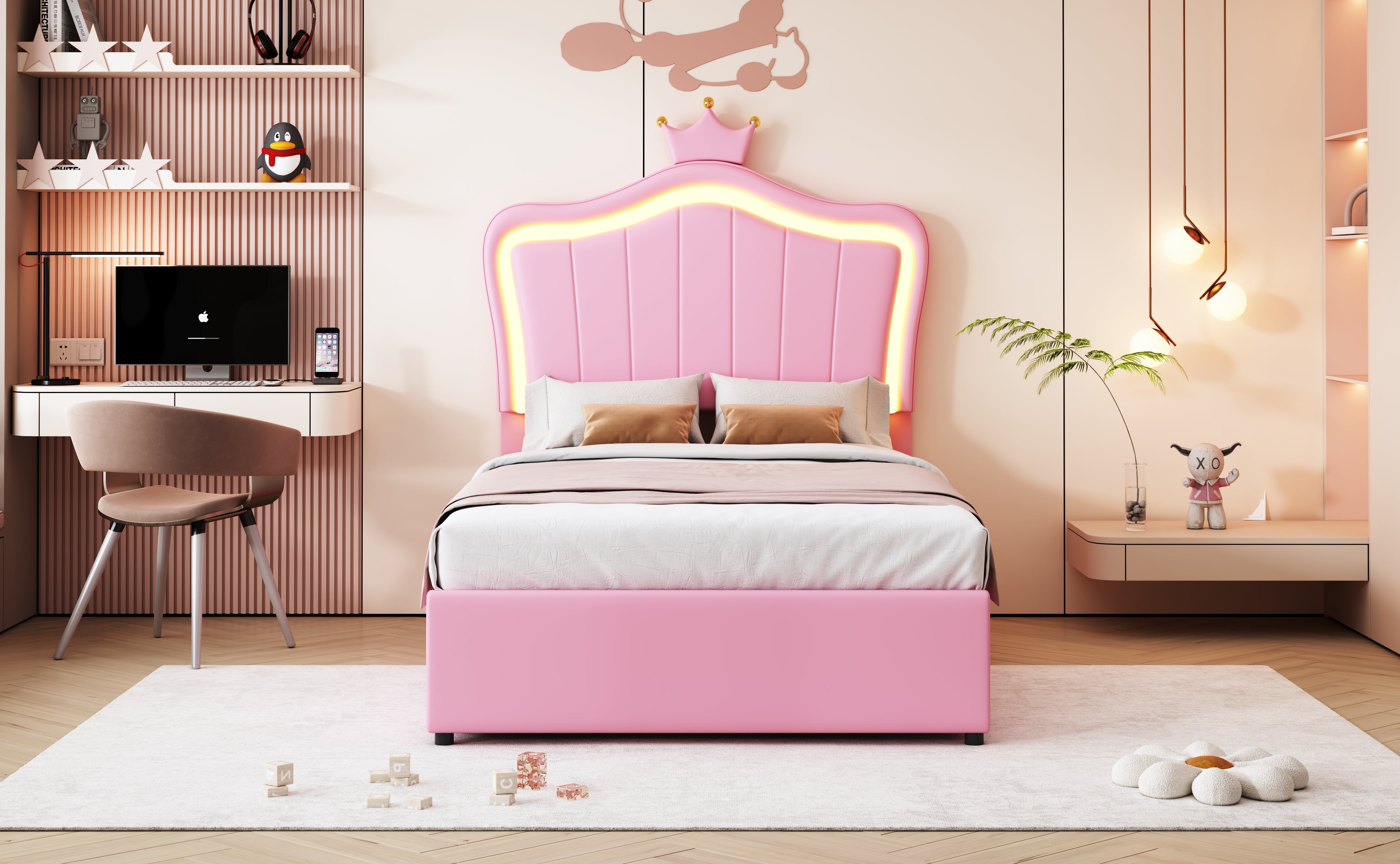 Logidon gestoffeerd bed 90x200 cm roze met kroondesign en LED