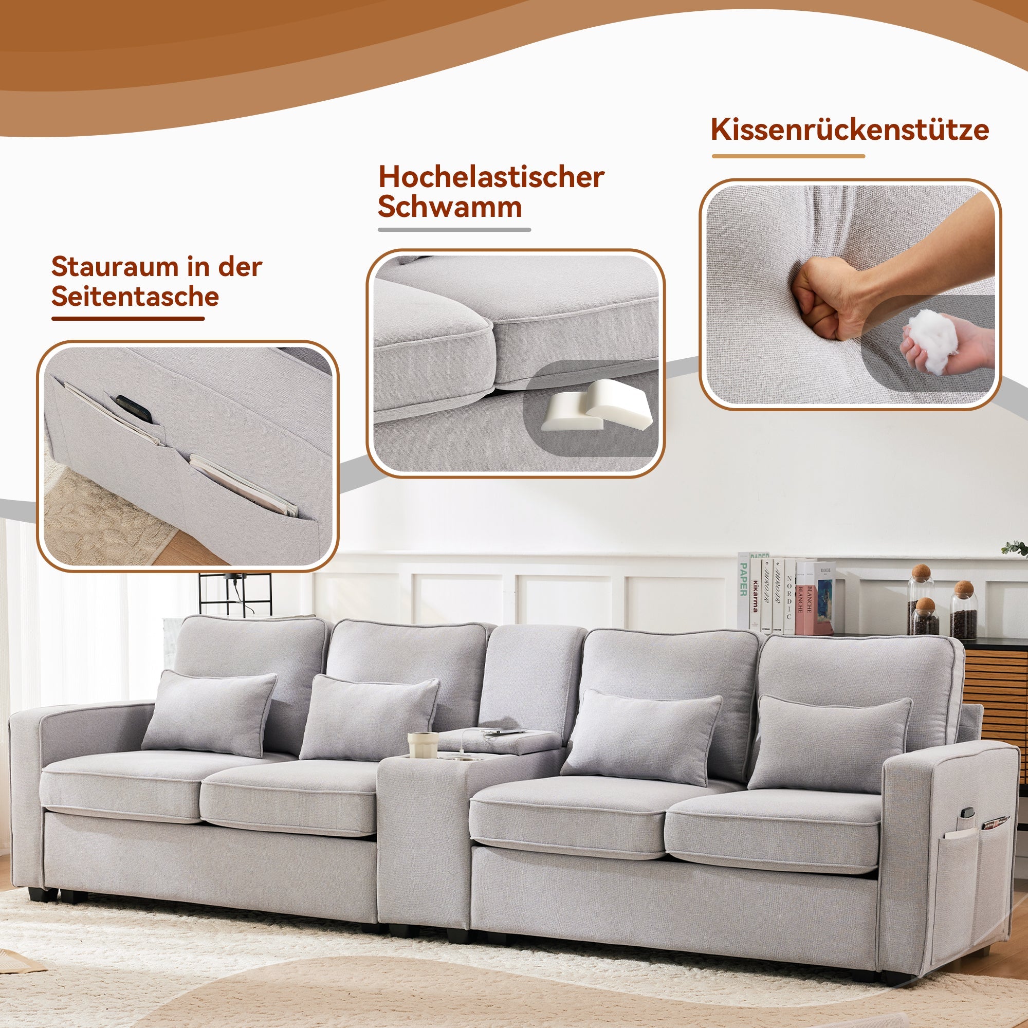 Logidon 4-zitsbank grijs met USB-oplaadpoorten bekerhouder