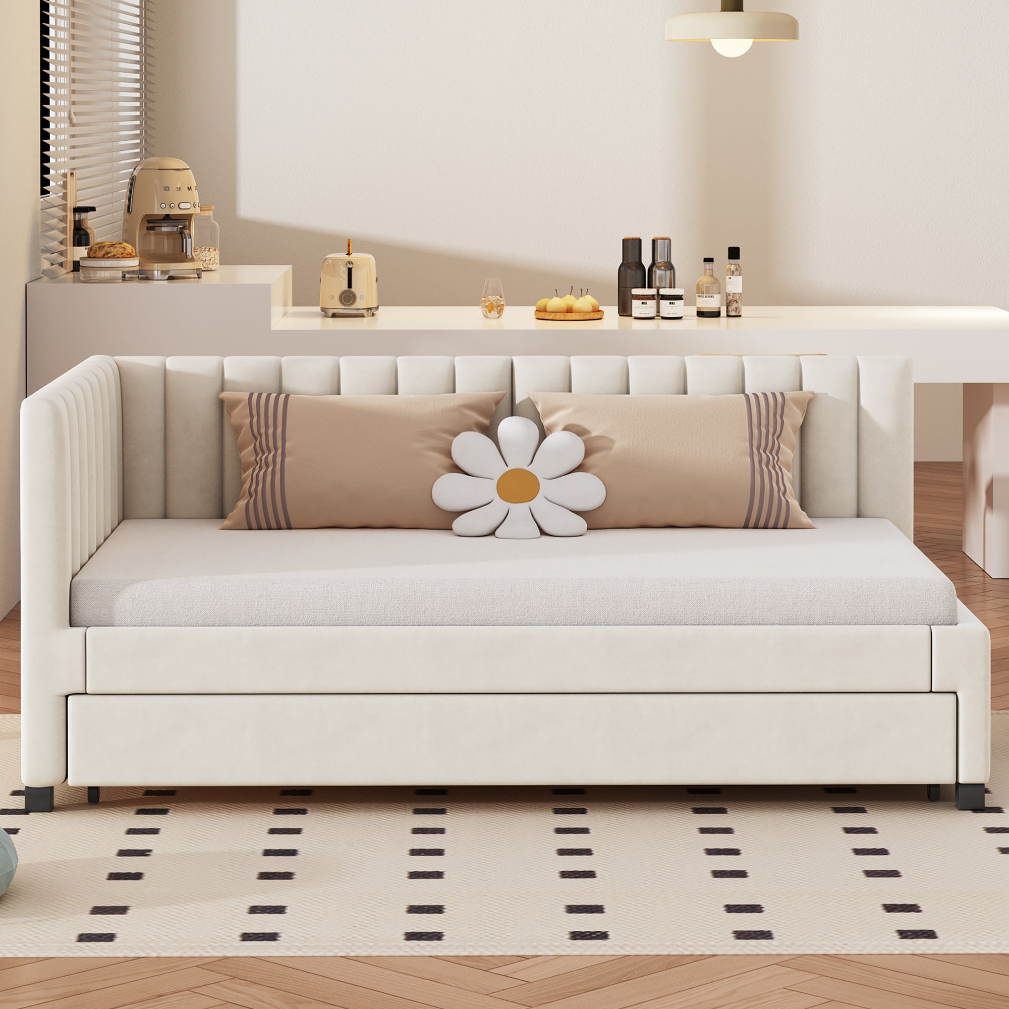 Logidon gestoffeerd bed 90x200 beige fluwelen stof uitschuifbare slaapbank