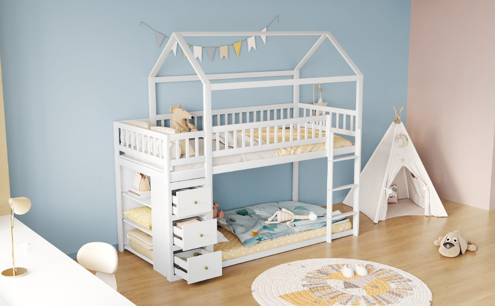 Logidon Bunk Bed 90x200 House Shape White With Security Fence Storage