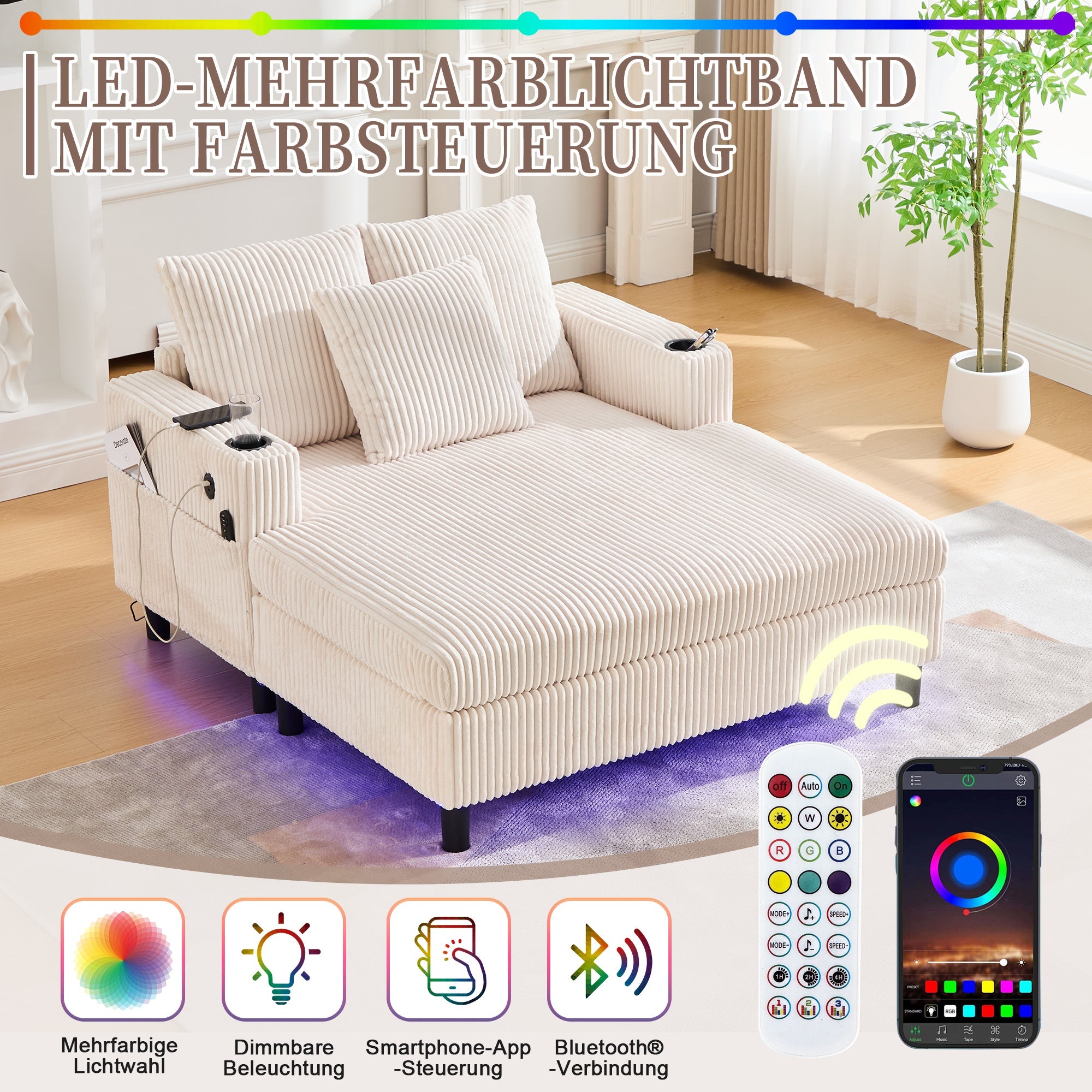 Logidon Chaise Longue Ligstoel Beige Fluweel Met USB LED-verlichting