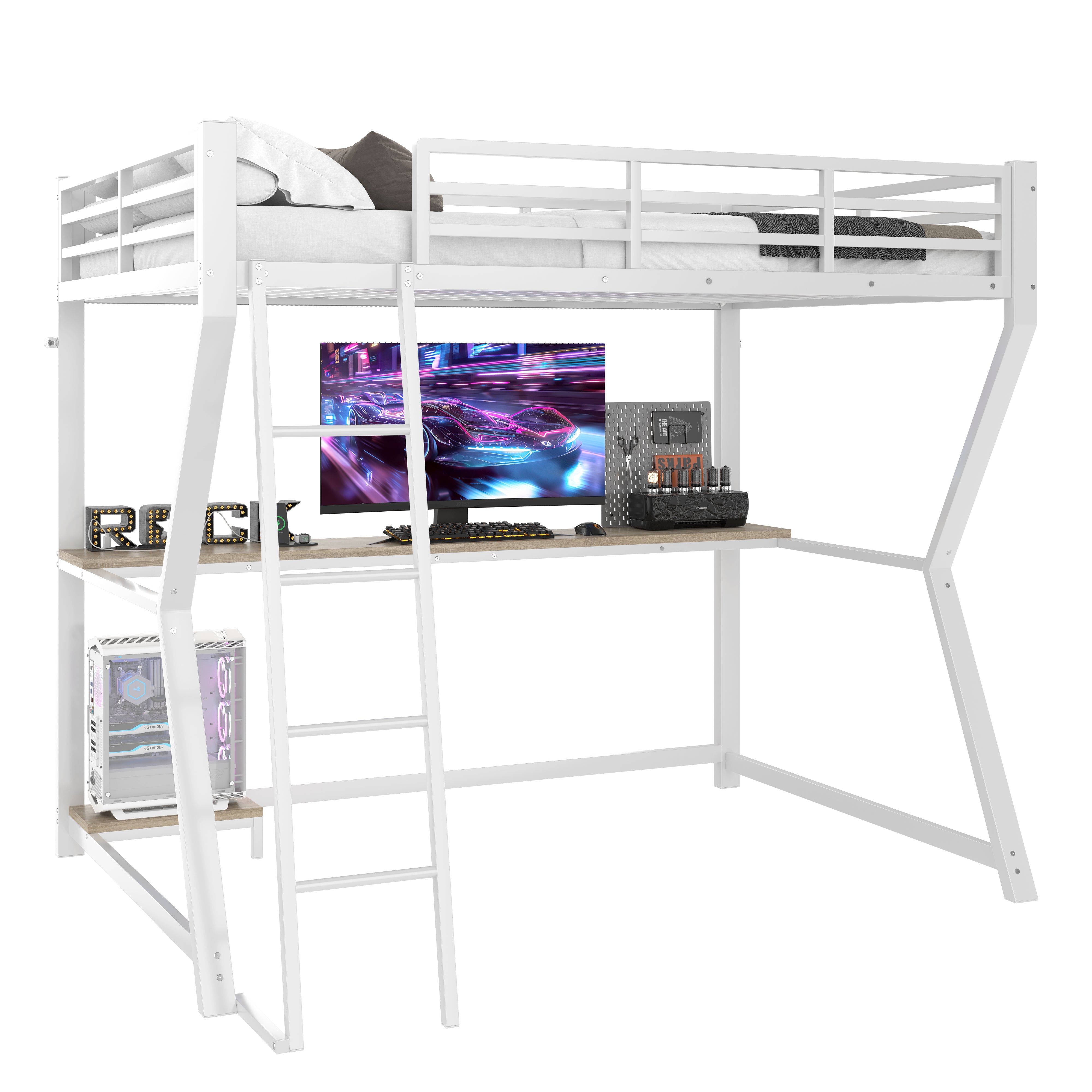 Logidon hoogslaper 90x200 met LED-verlichting en computerconsole wit