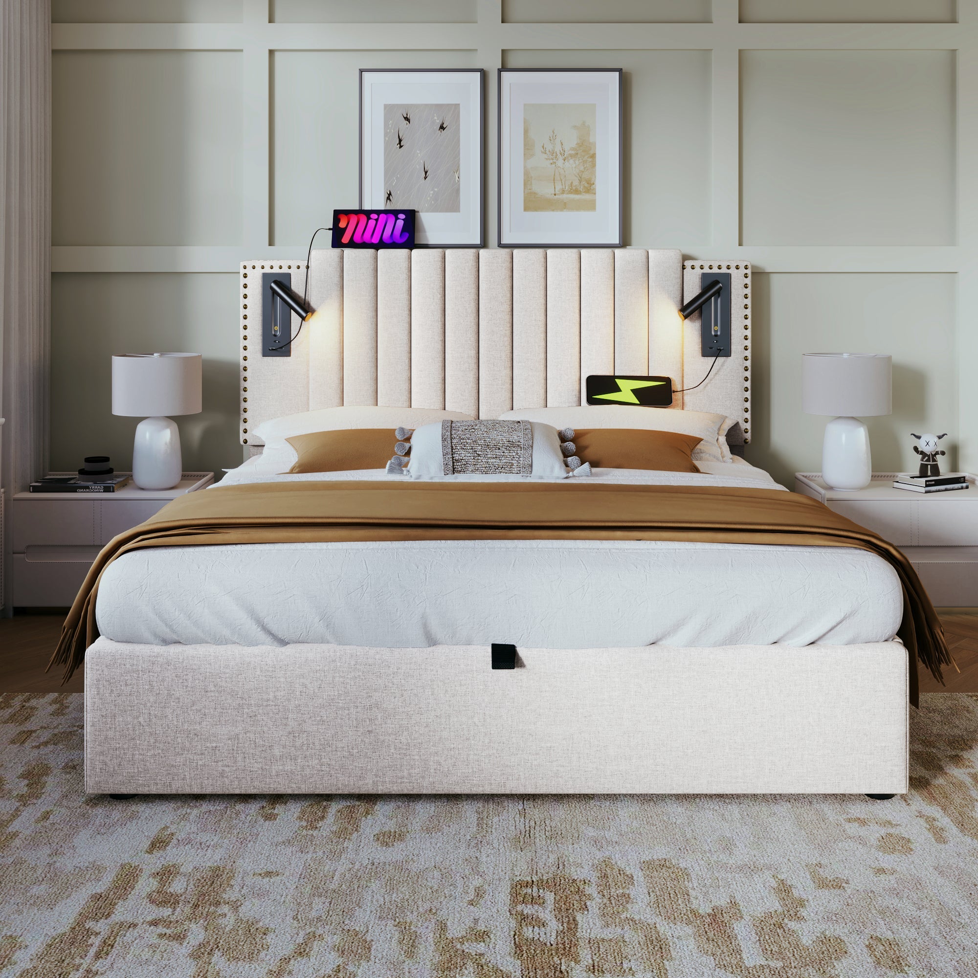 Logidon gestoffeerd bed 160x200 beige met opbergruimte en USB-leeslamp