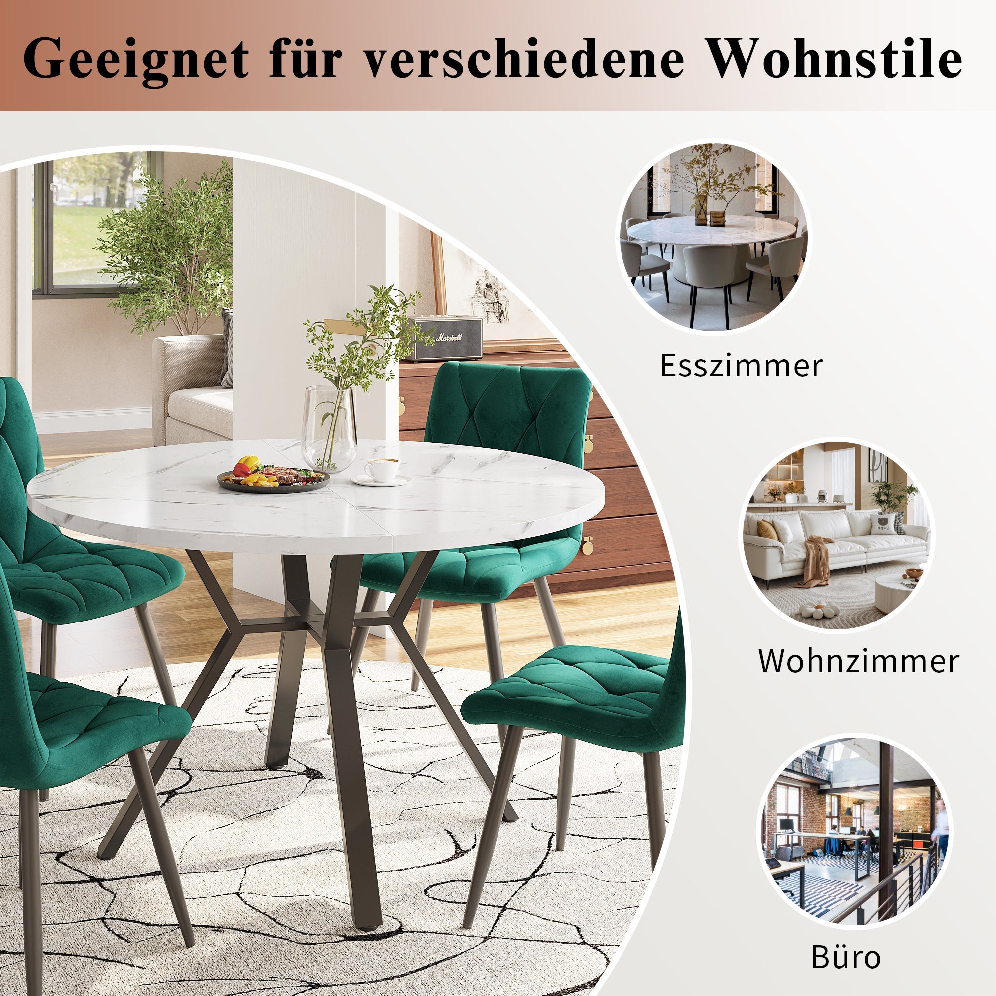 Logidon eettafel en stoelenset 5-delig rond wit marmerlook
