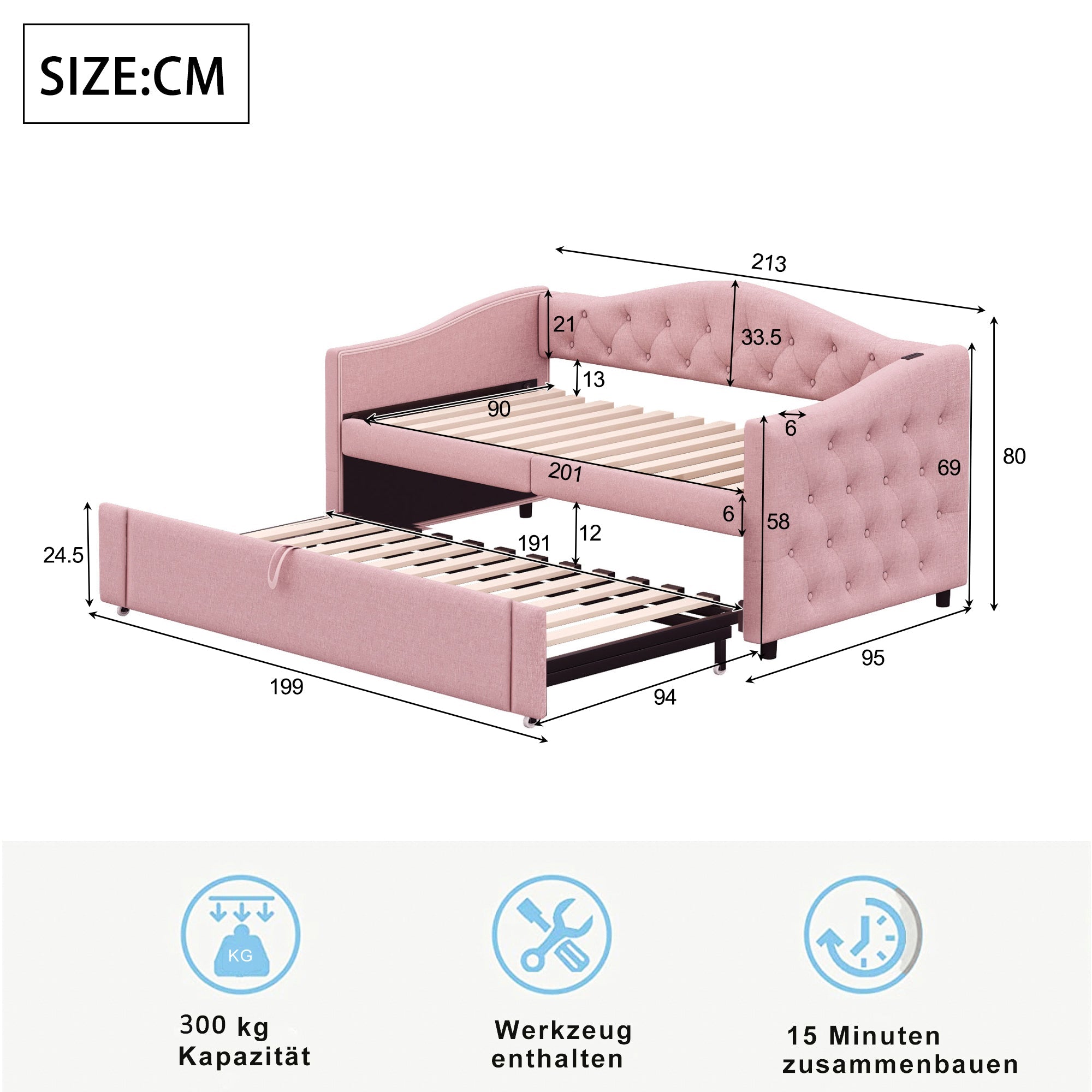 Logidon gestoffeerde slaapbank 90x200 roze linnen USB-aansluiting