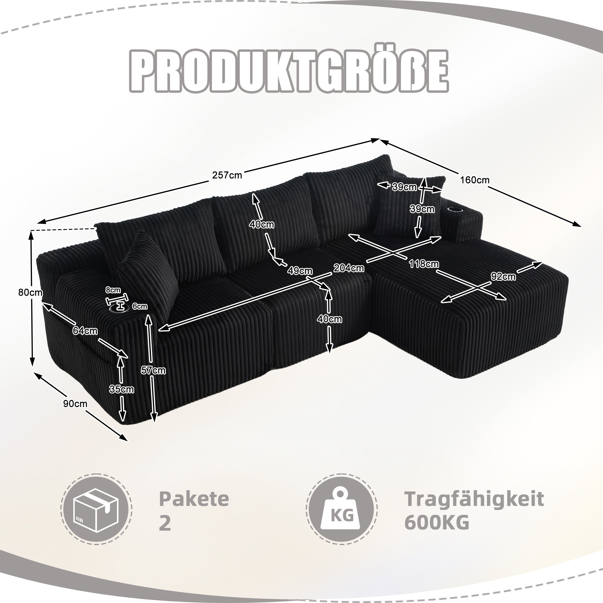 Logidon modulaire bankstel met chaise longue, 2-zitsbank, zwart corduroy