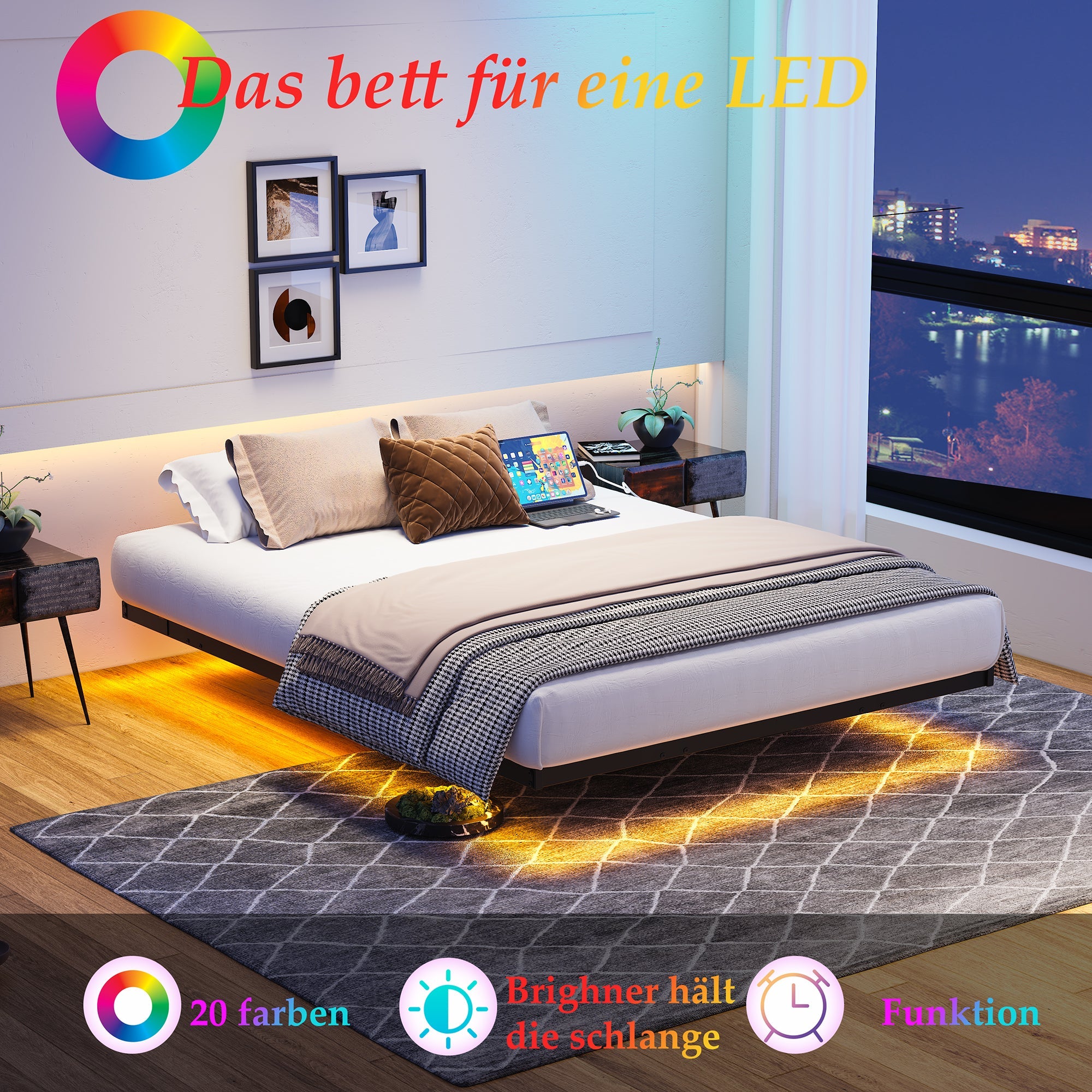 Logidon 120x200 zwevend bed metalen bedframe met LED-verlichting