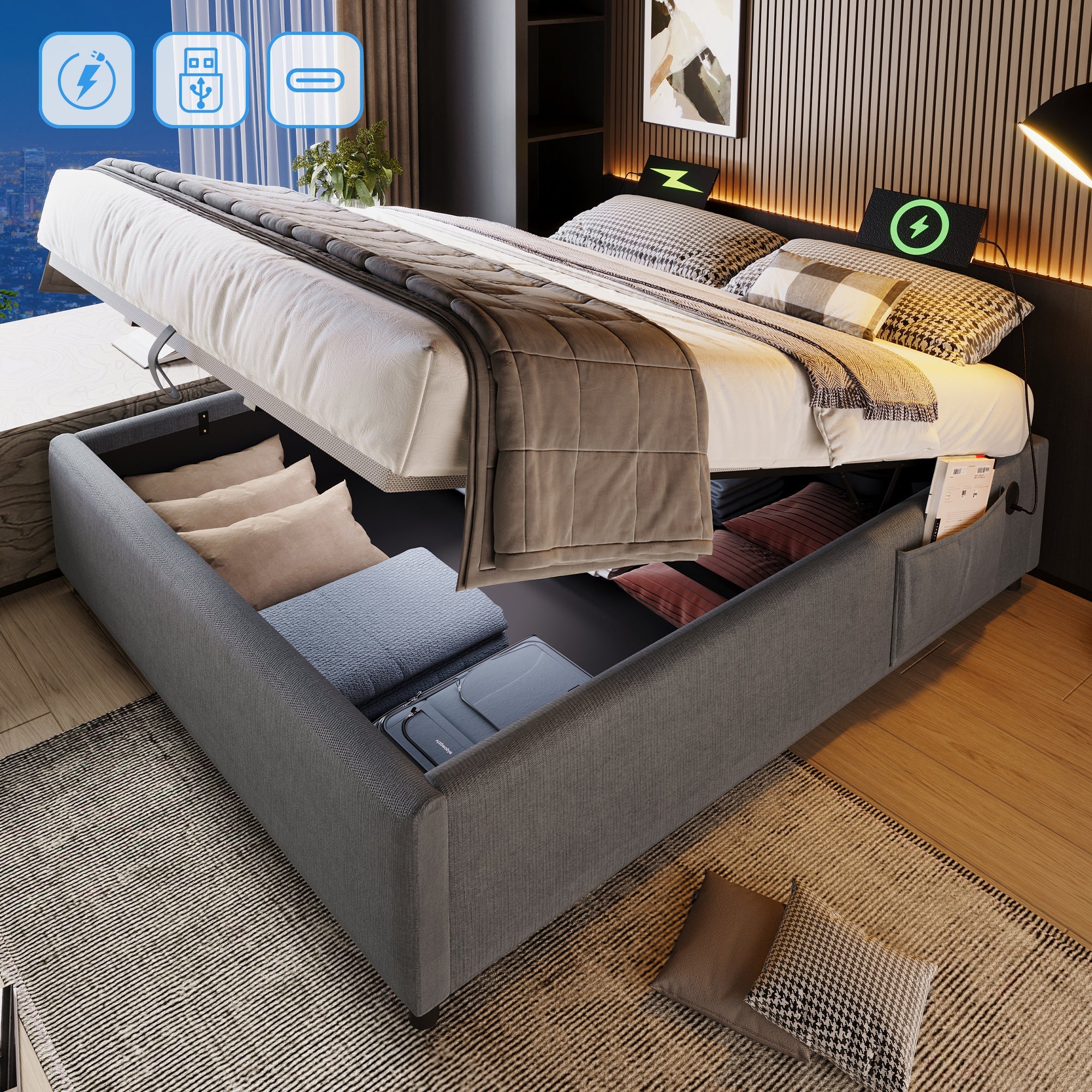 Logidon upholstered bed 160x200 gray with USB C and full-surface slatted frame