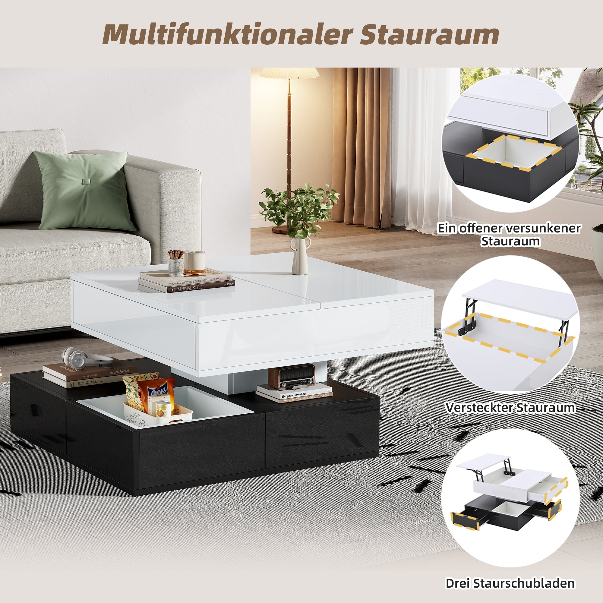 Logidon salontafel 70x70 hefblad 360 graden draaibaar 3 lades wit