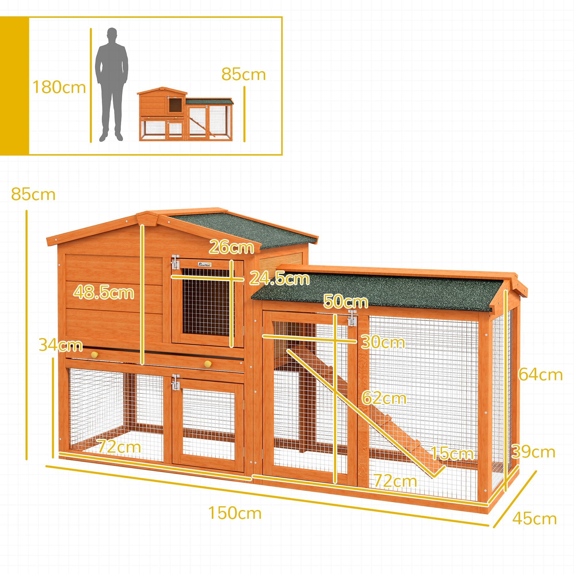 Logidon konijnenhok 2 niveaus van hout oranje 150x45x85 cm vrije ren