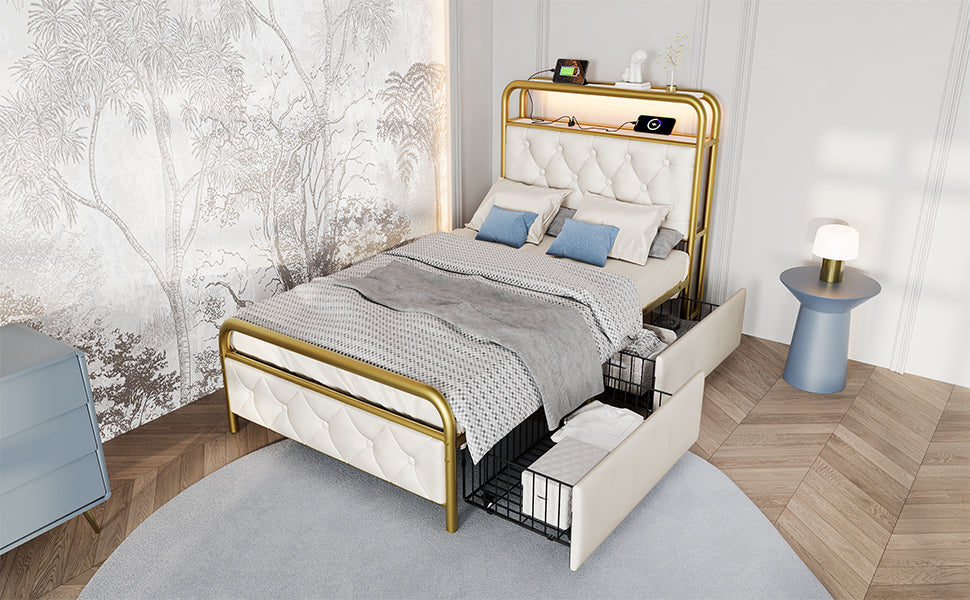 Logidon upholstered bed 90x200 USB C charging function LED white velvet drawers