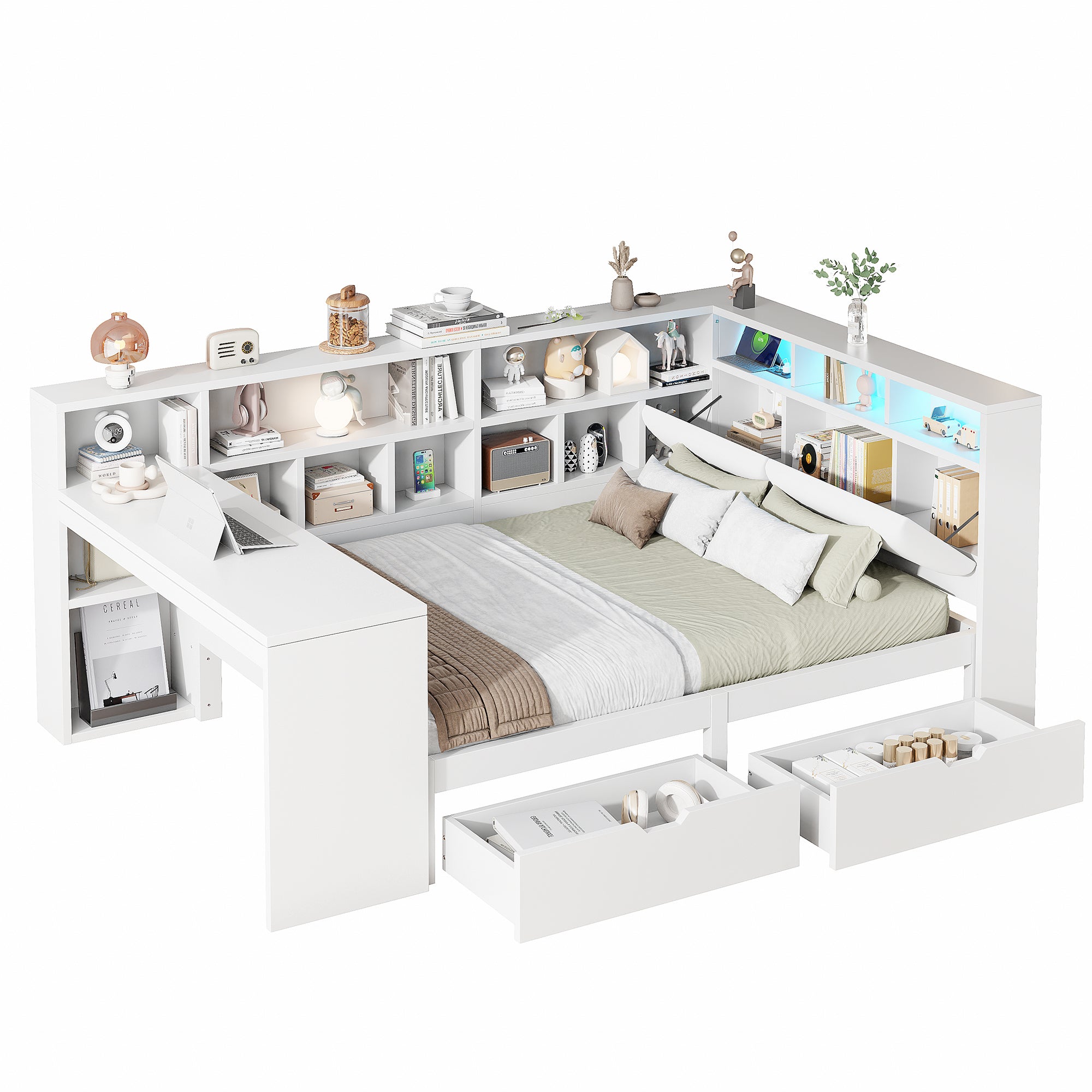 Logidon Hoekbed 140x200 L-vorm met Bureau Boekenplank Wit