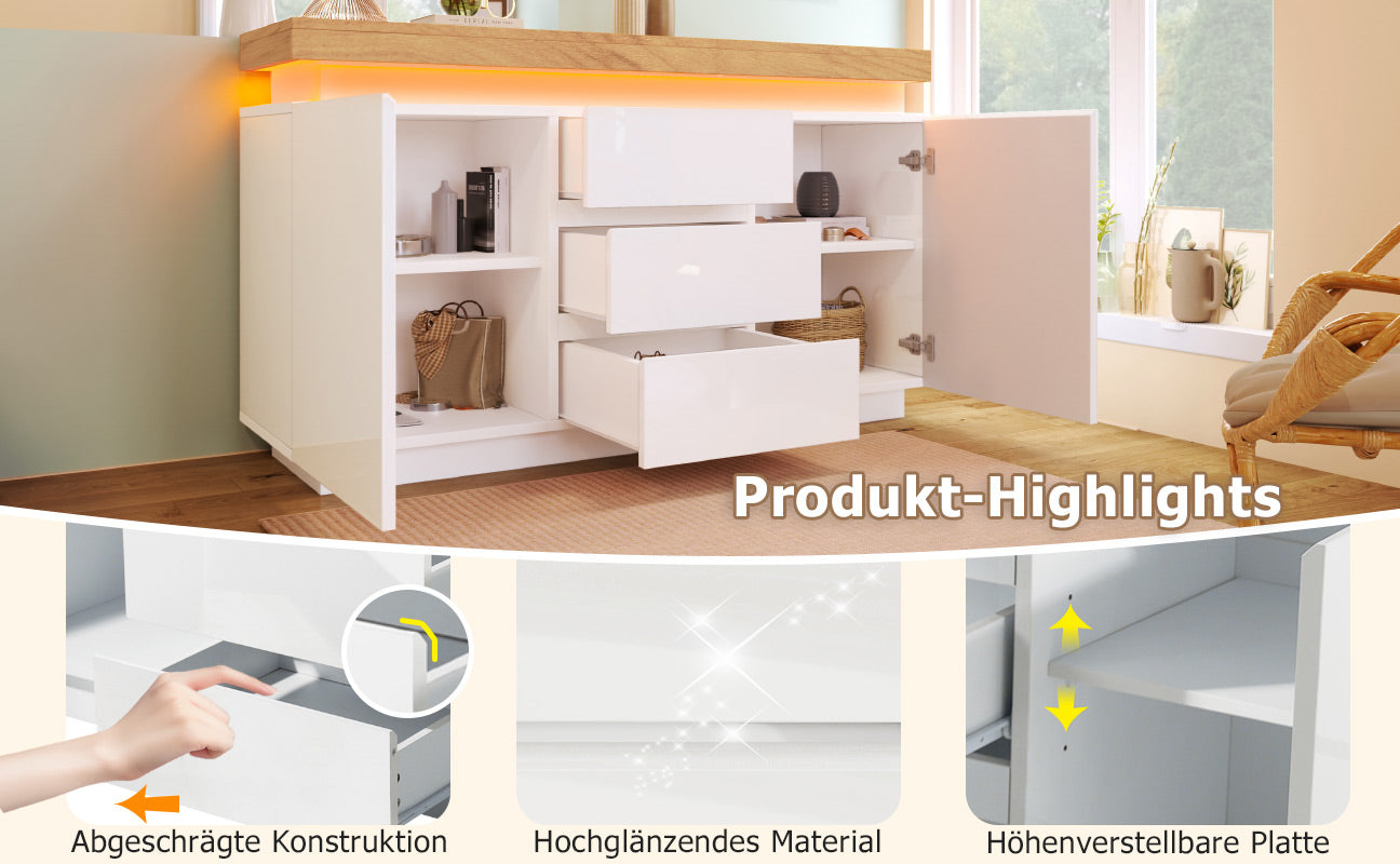 Logidon Wit Dressoir Met LED Verlichting 2 Deurs 3 Lades