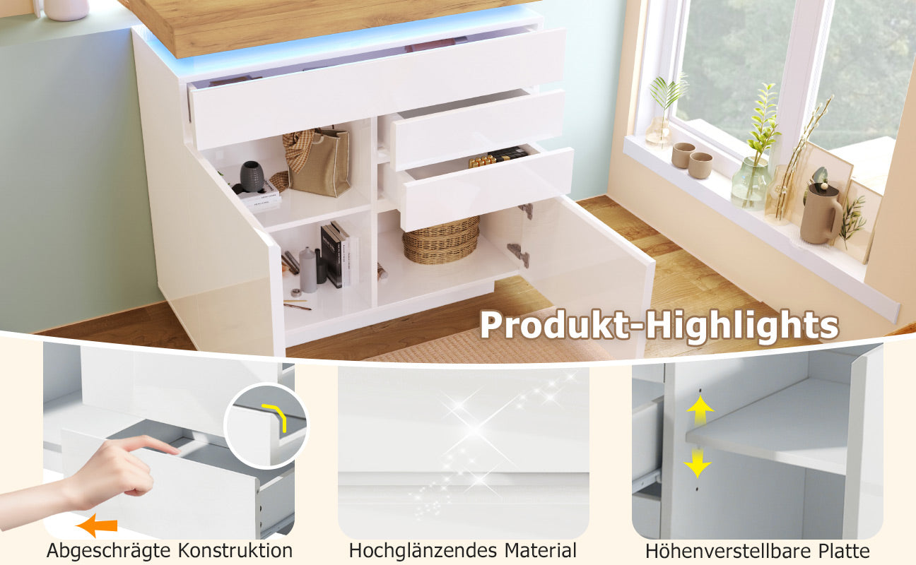 Logidon high gloss chest of drawers white LED lighting app control 2 doors