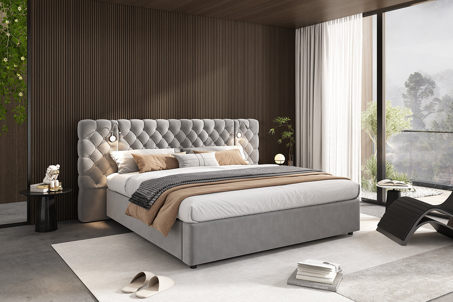 Logidon upholstered bed 180 x 200 cm with hydraulic storage space LED gray